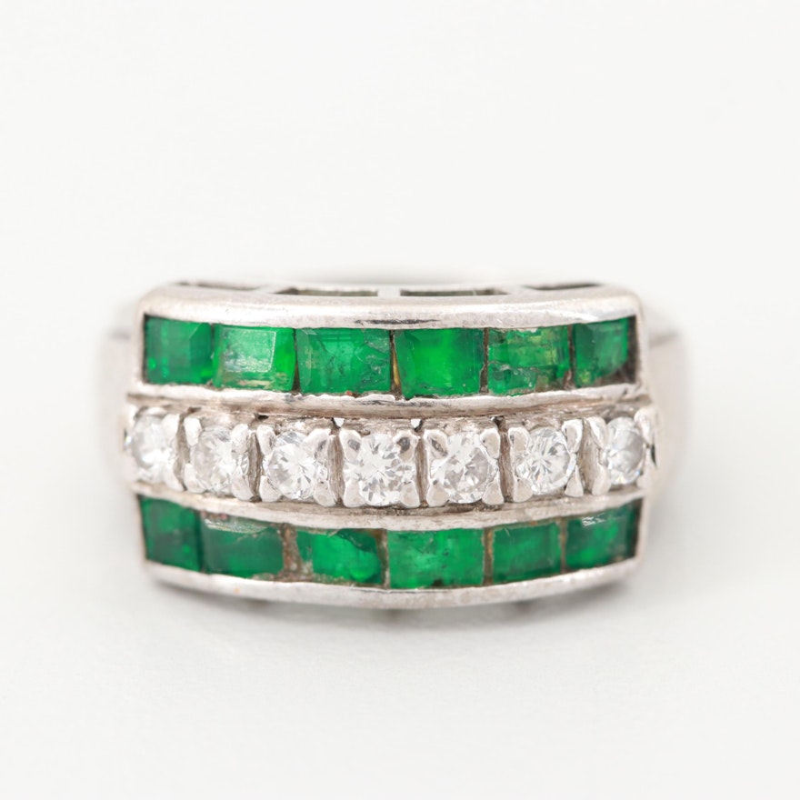 Vintage 14K White Gold Emerald and Diamond Ring