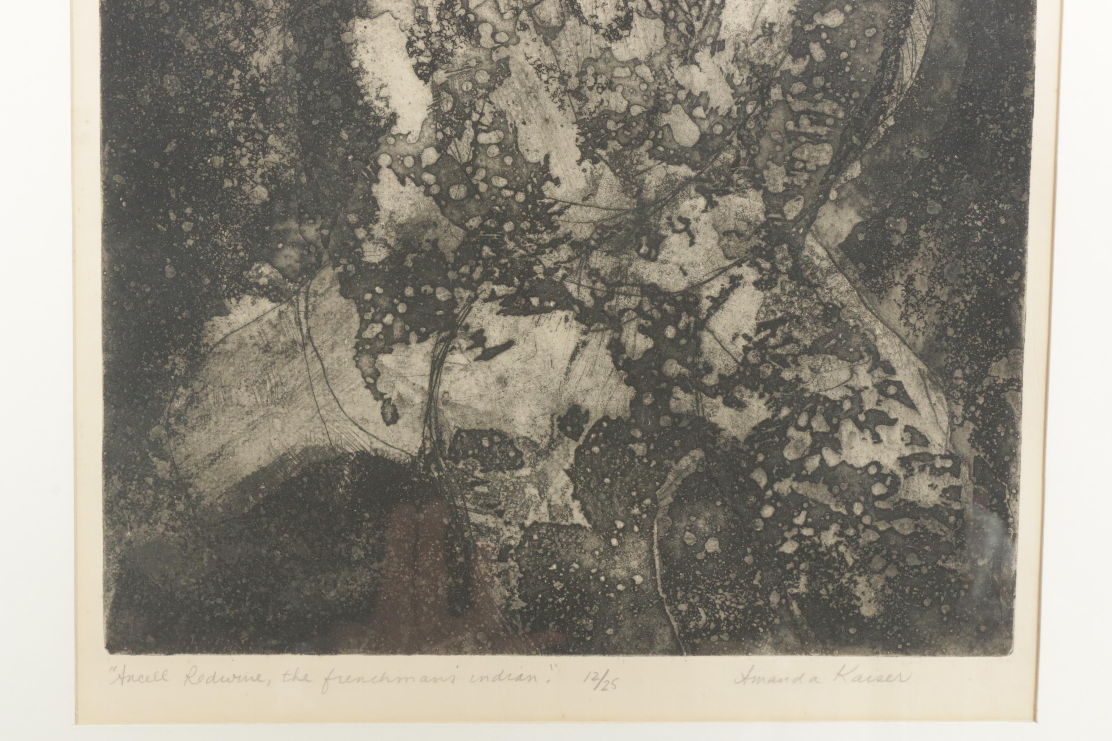Amanda Kaiser Etching "Ancell Redwine, the Frenchman's Indian"