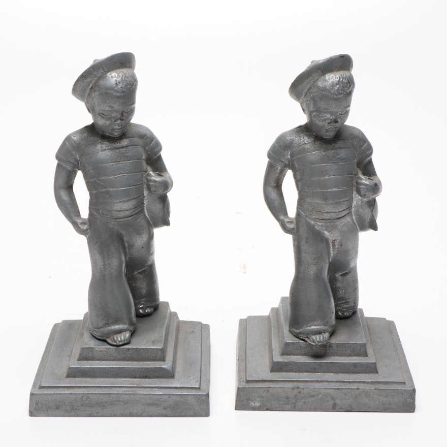 Frankart Sailor Boy and Boat Spelter Bookends, 1930s