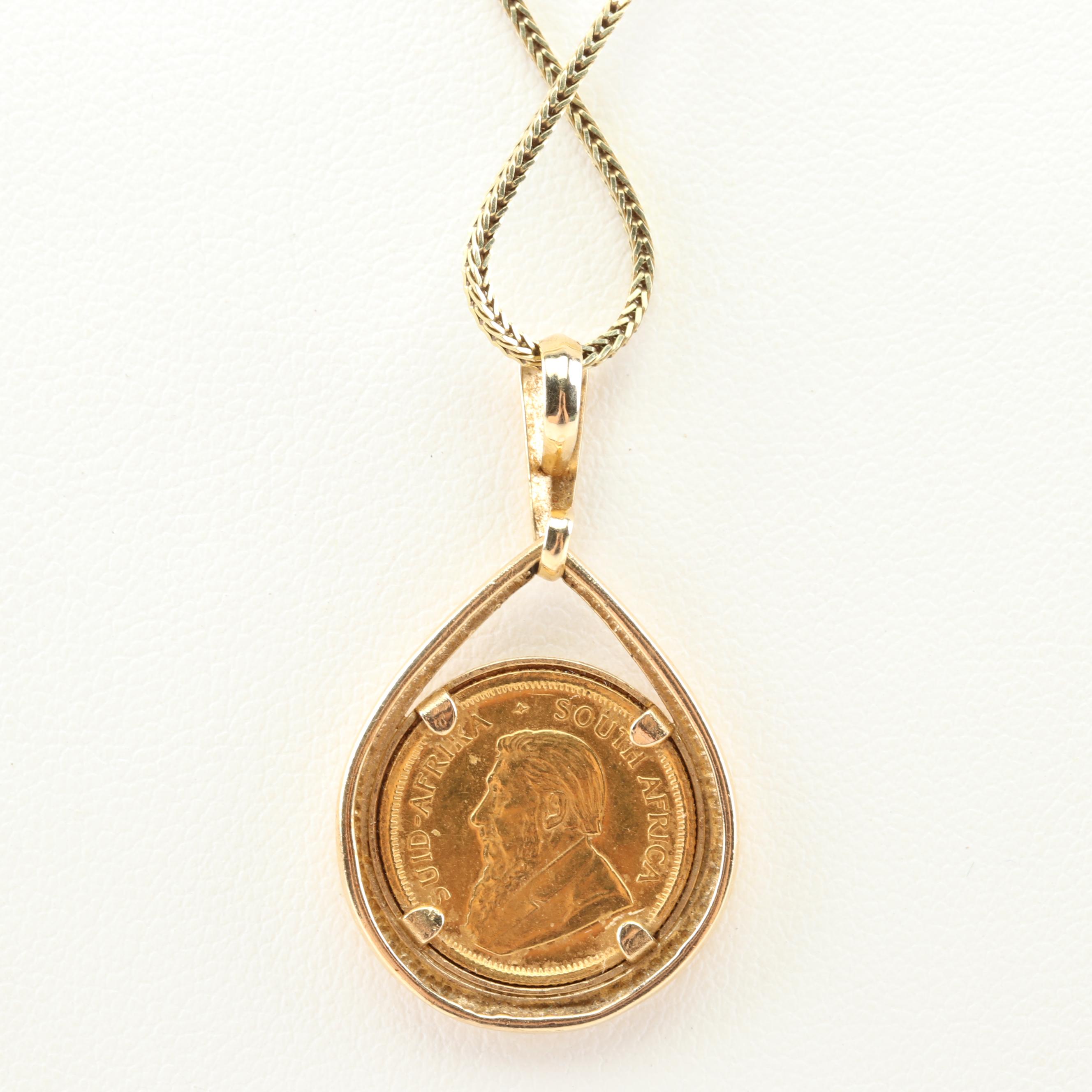 14K Yellow Gold Pendant and Chain with 1982 South Africa 1/10th Krugerrand Coin