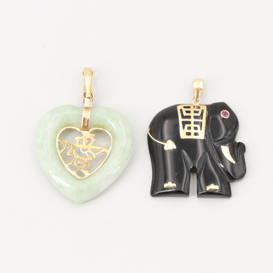 14K Yellow Gold Black Onyx and Ruby Elephant Pendant and Jadeite Heart Pendant