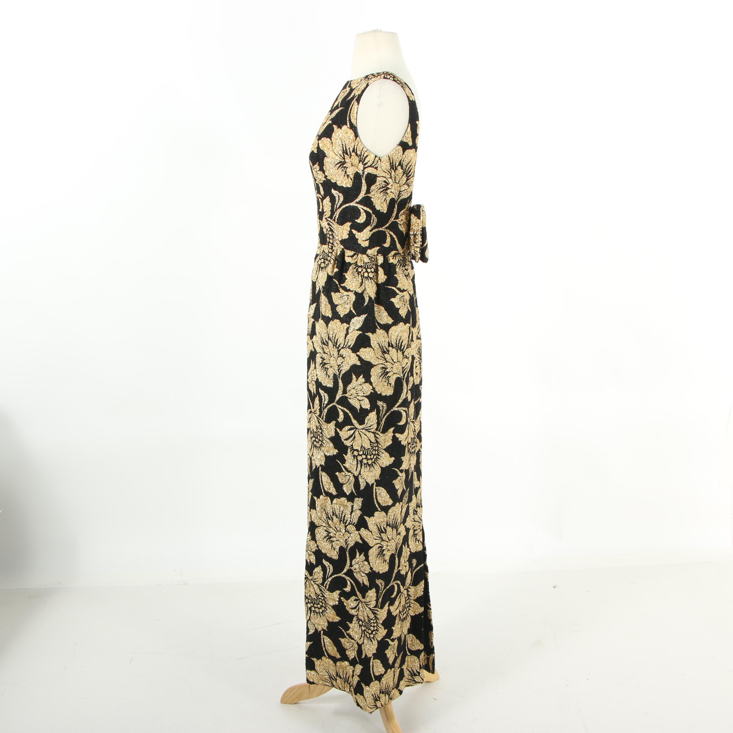Marshall Field & Company Gold and Black Floral Sleeveless Evening Dress, 1960s