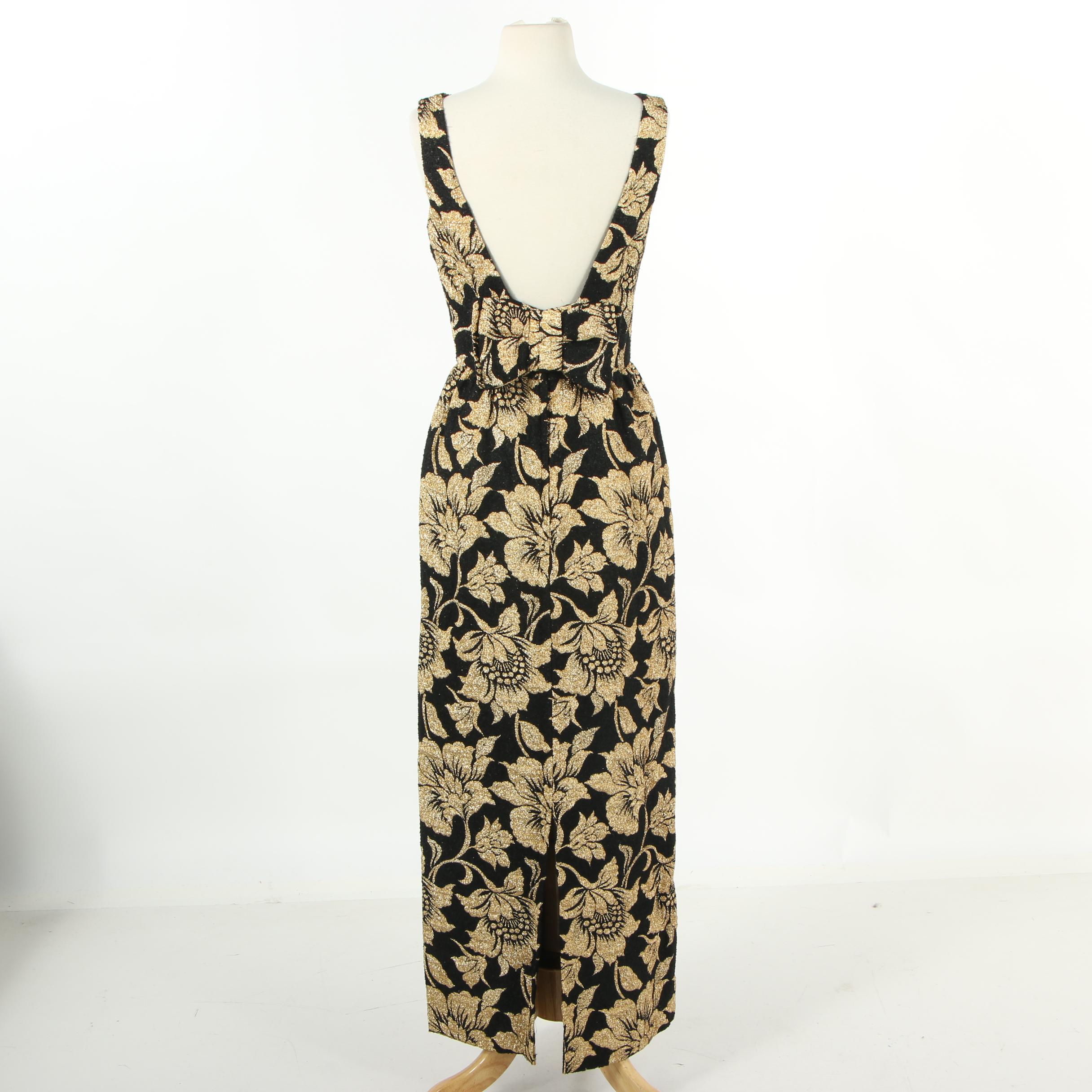 Marshall Field & Company Gold and Black Floral Sleeveless Evening Dress, 1960s