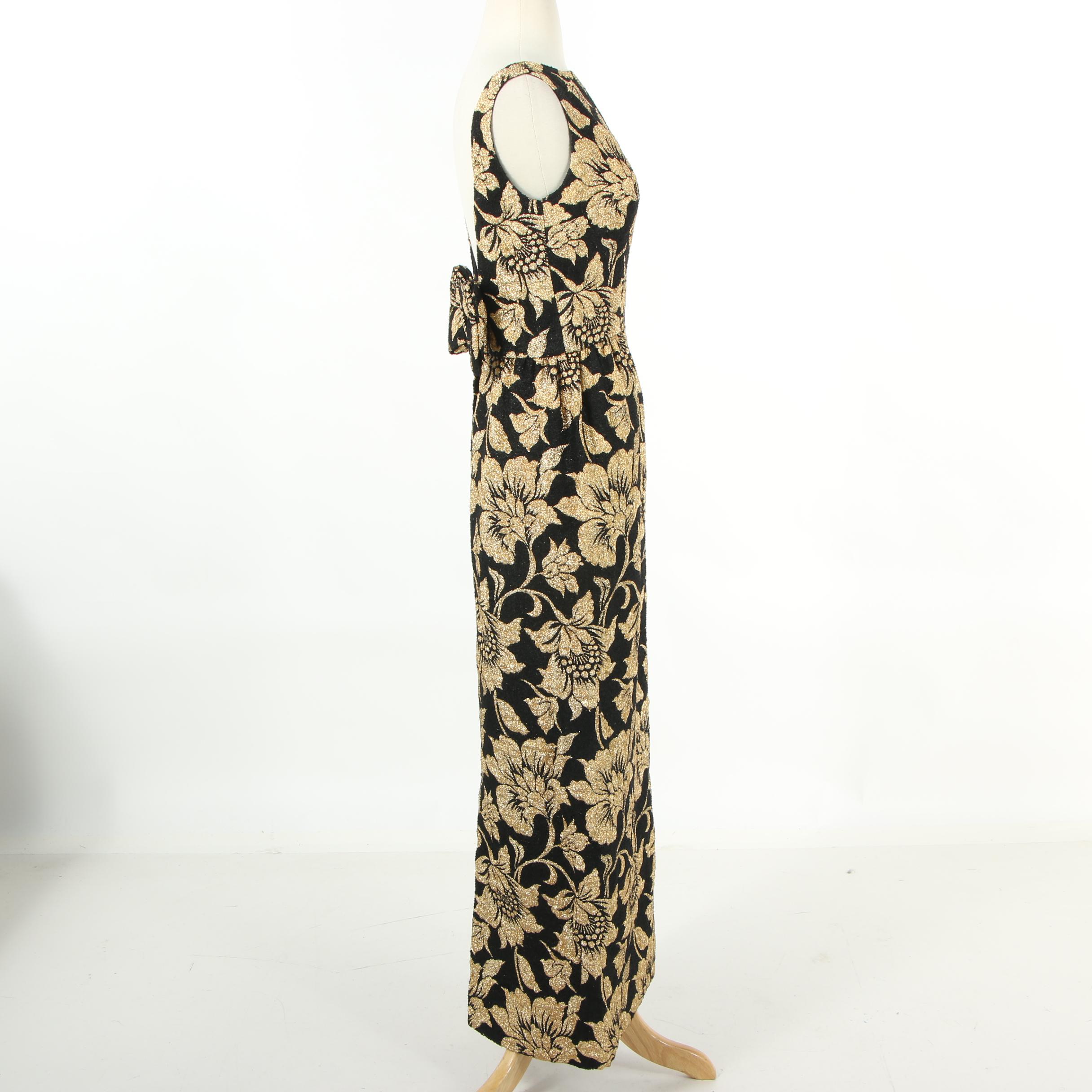 Marshall Field & Company Gold and Black Floral Sleeveless Evening Dress, 1960s