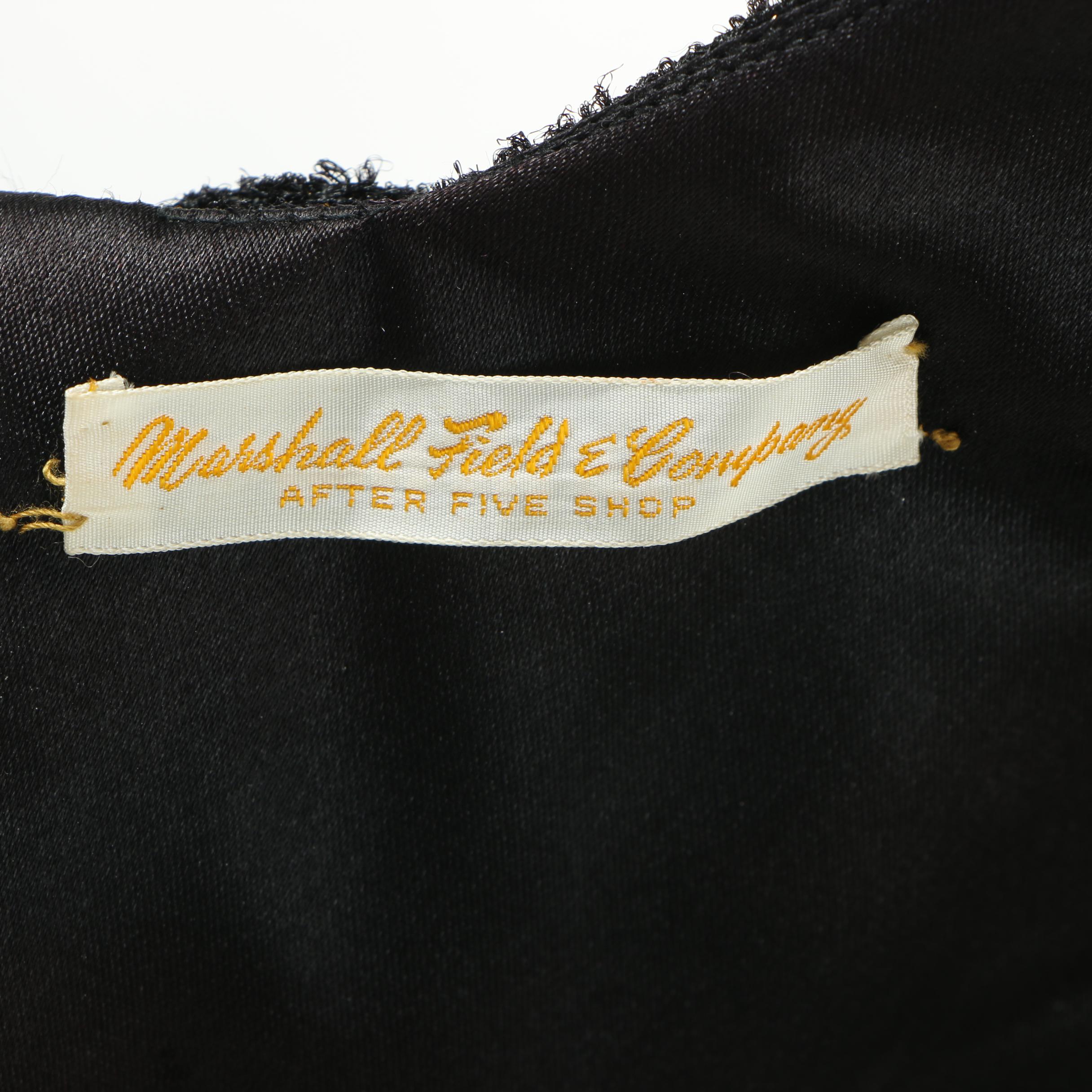 Marshall Field & Company Gold and Black Floral Sleeveless Evening Dress, 1960s