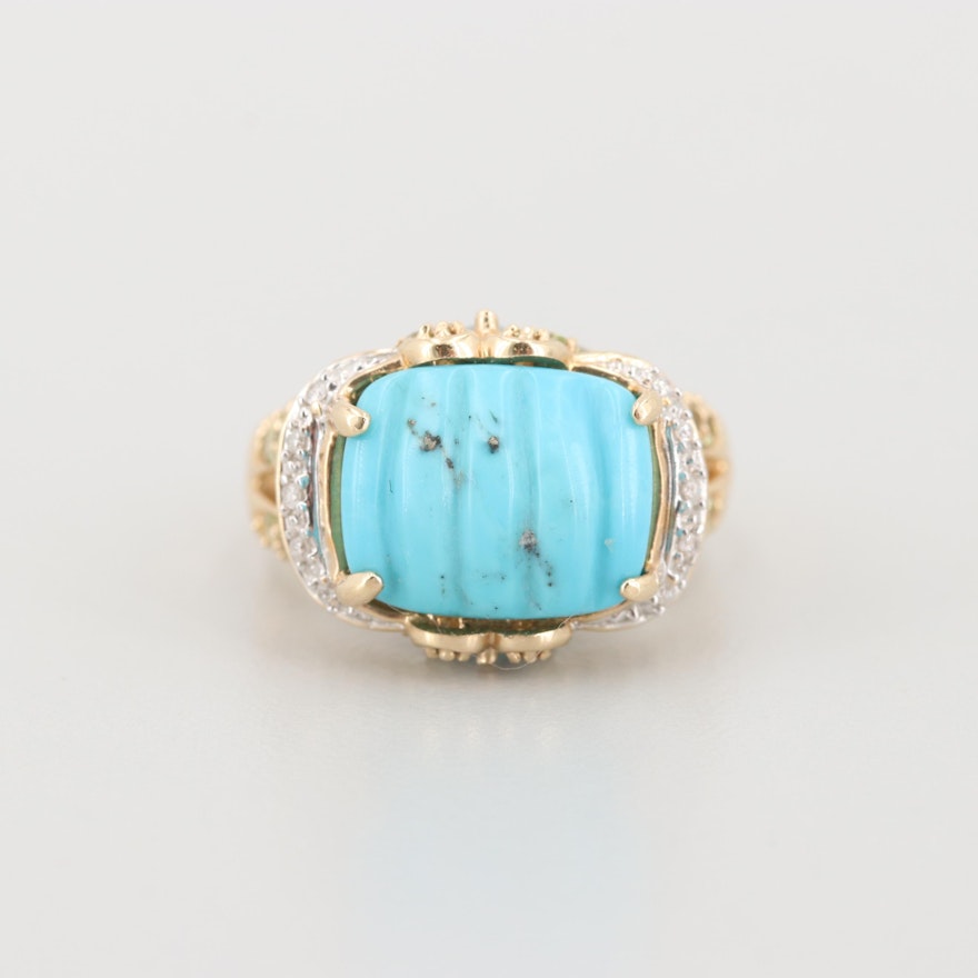 14K Yellow Gold Turquoise, Diamond, Blue Topaz and Prasiolite Ring