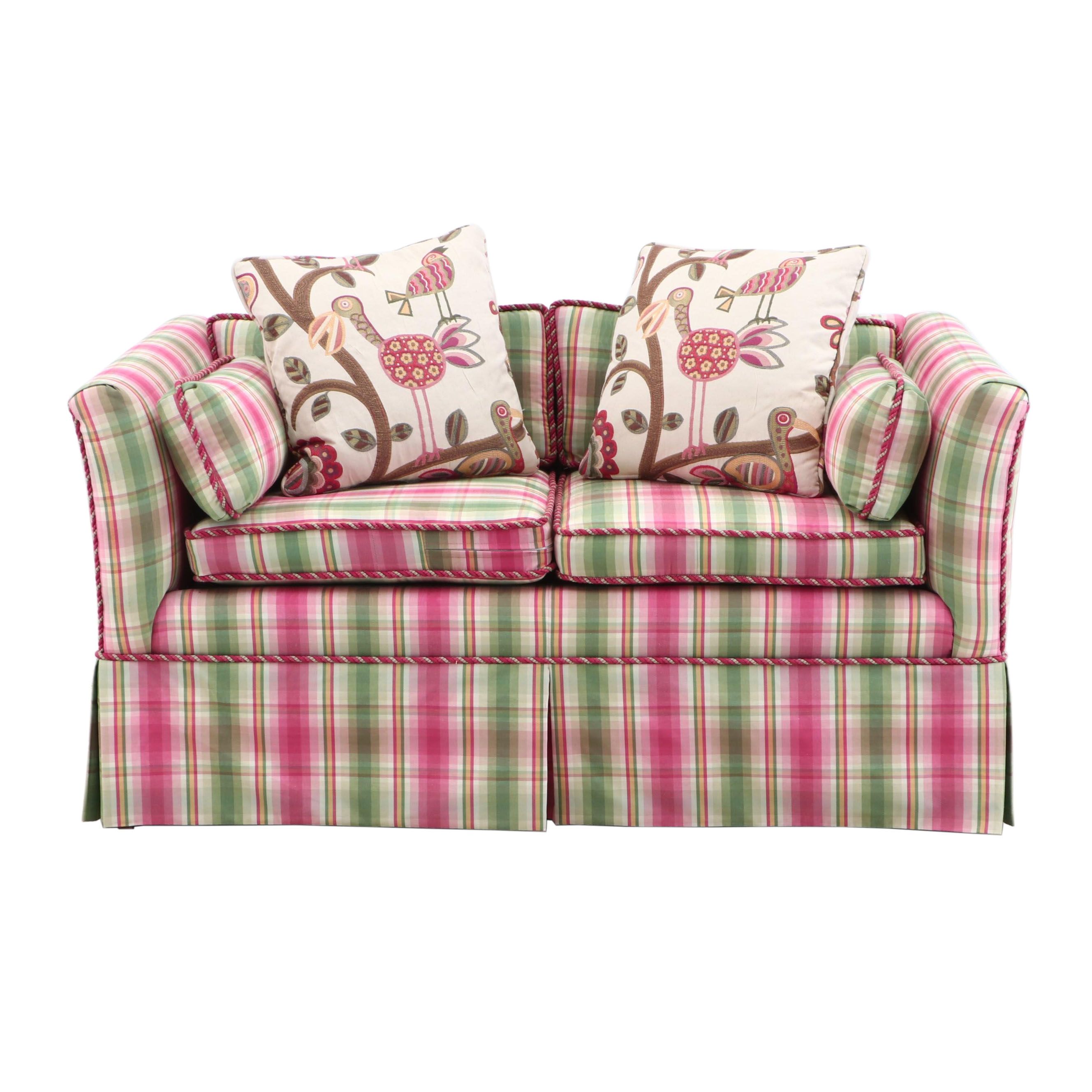 Contemporary Pink and Green Plaid Upholstered Loveseat Sofa with Throw Pillows