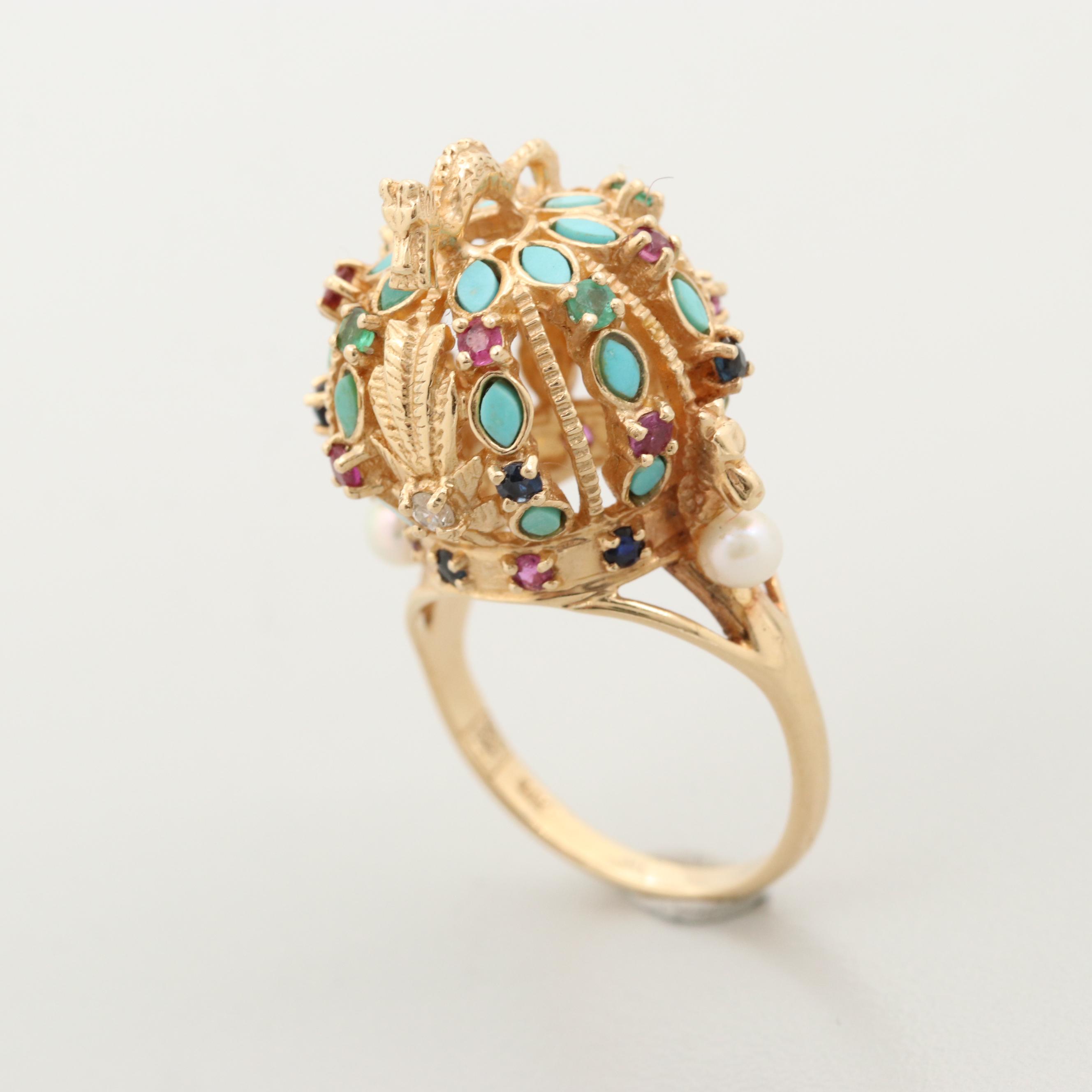 Vintage Franklin Mint 14K Gold Diamond and Gemstone Ming Dynasty Crown Ring
