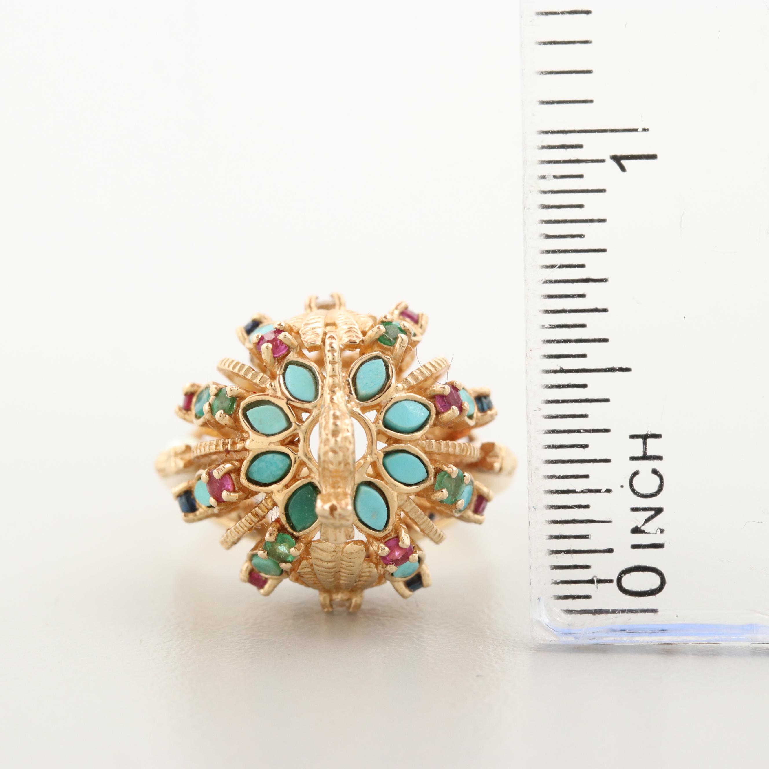 Vintage Franklin Mint 14K Gold Diamond and Gemstone Ming Dynasty Crown Ring