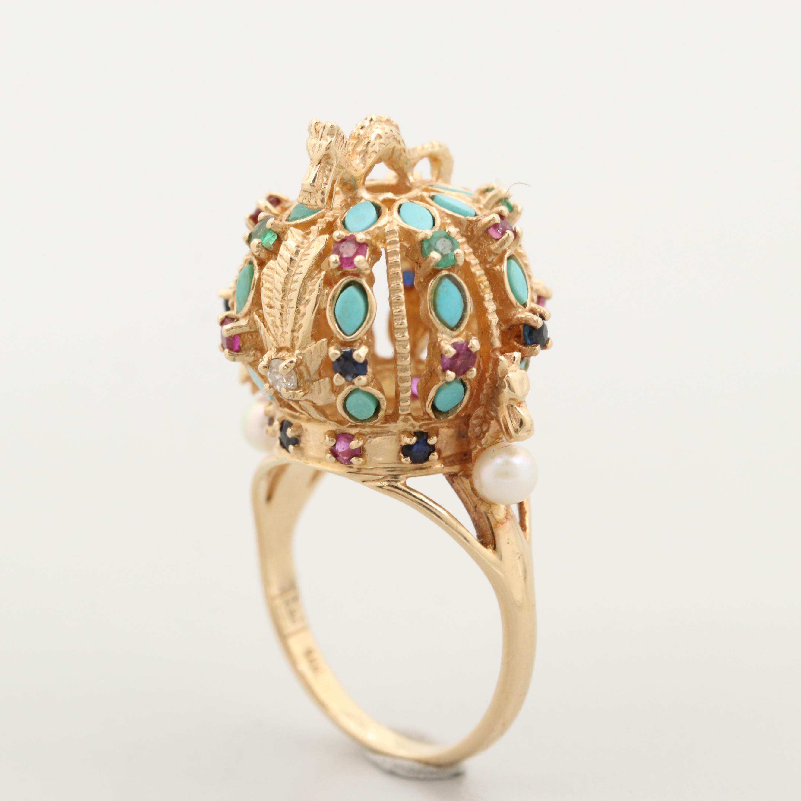 Vintage Franklin Mint 14K Gold Diamond and Gemstone Ming Dynasty Crown Ring