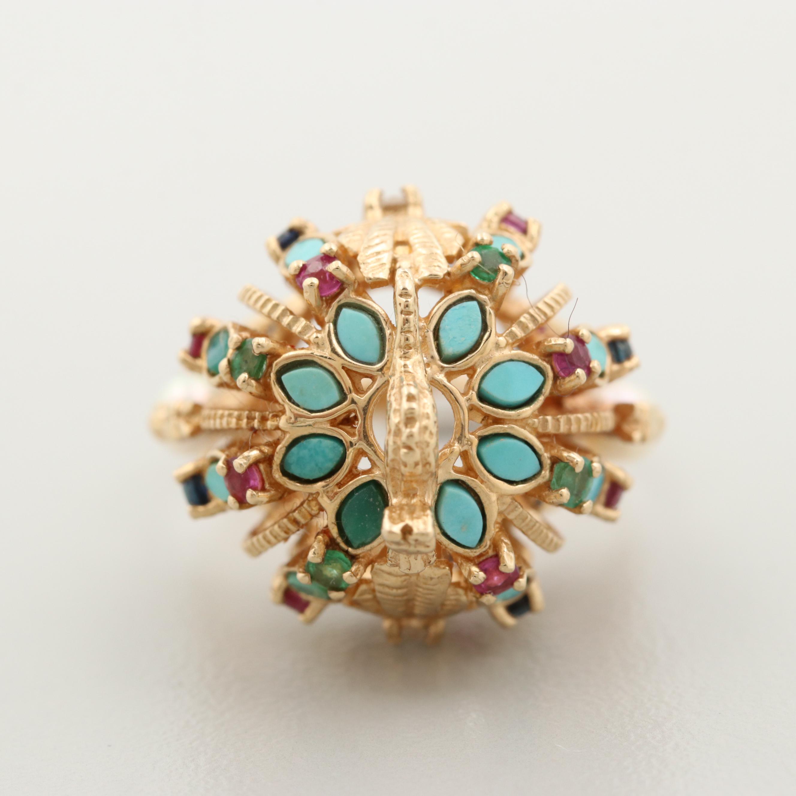 Vintage Franklin Mint 14K Gold Diamond and Gemstone Ming Dynasty Crown Ring