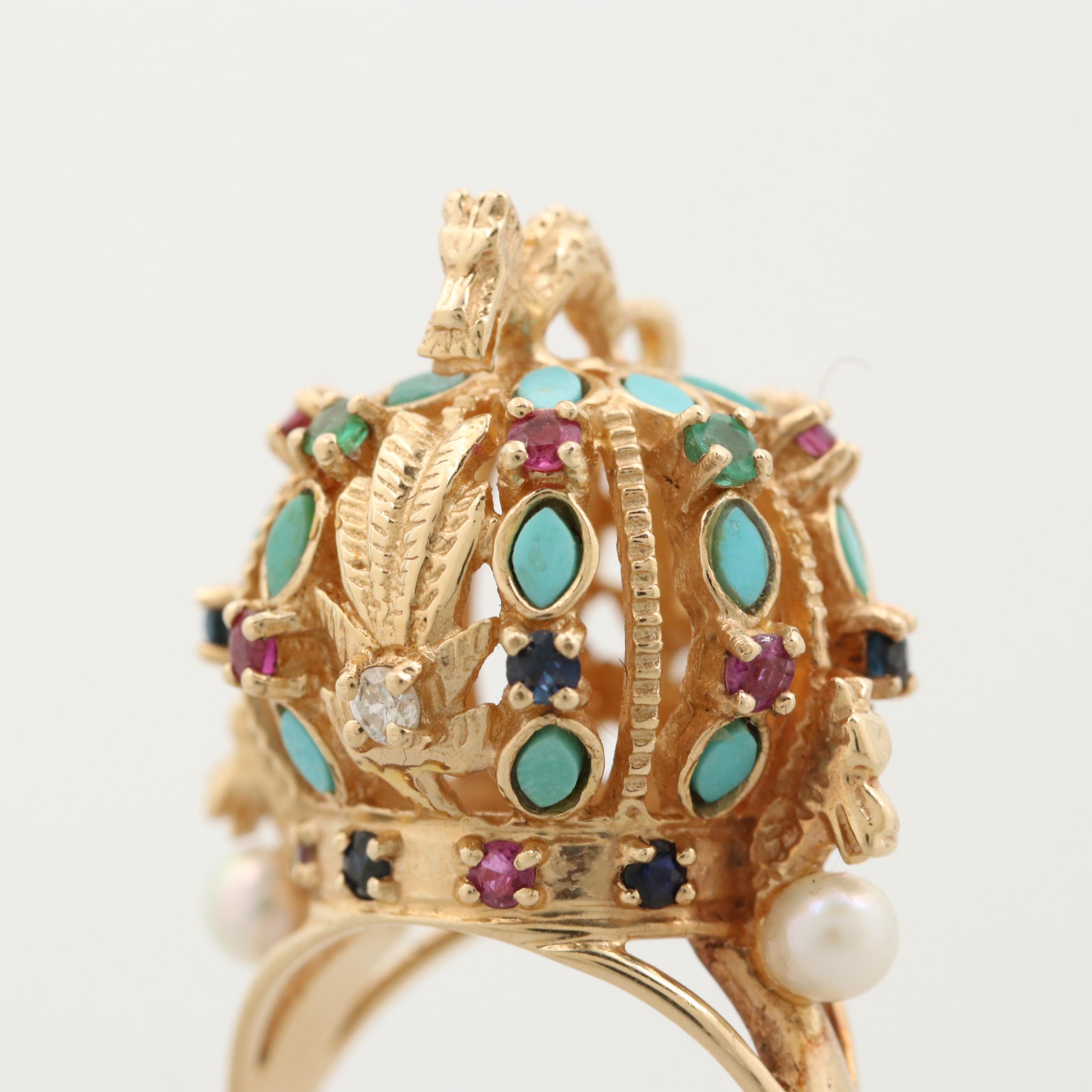 Vintage Franklin Mint 14K Gold Diamond and Gemstone Ming Dynasty Crown Ring