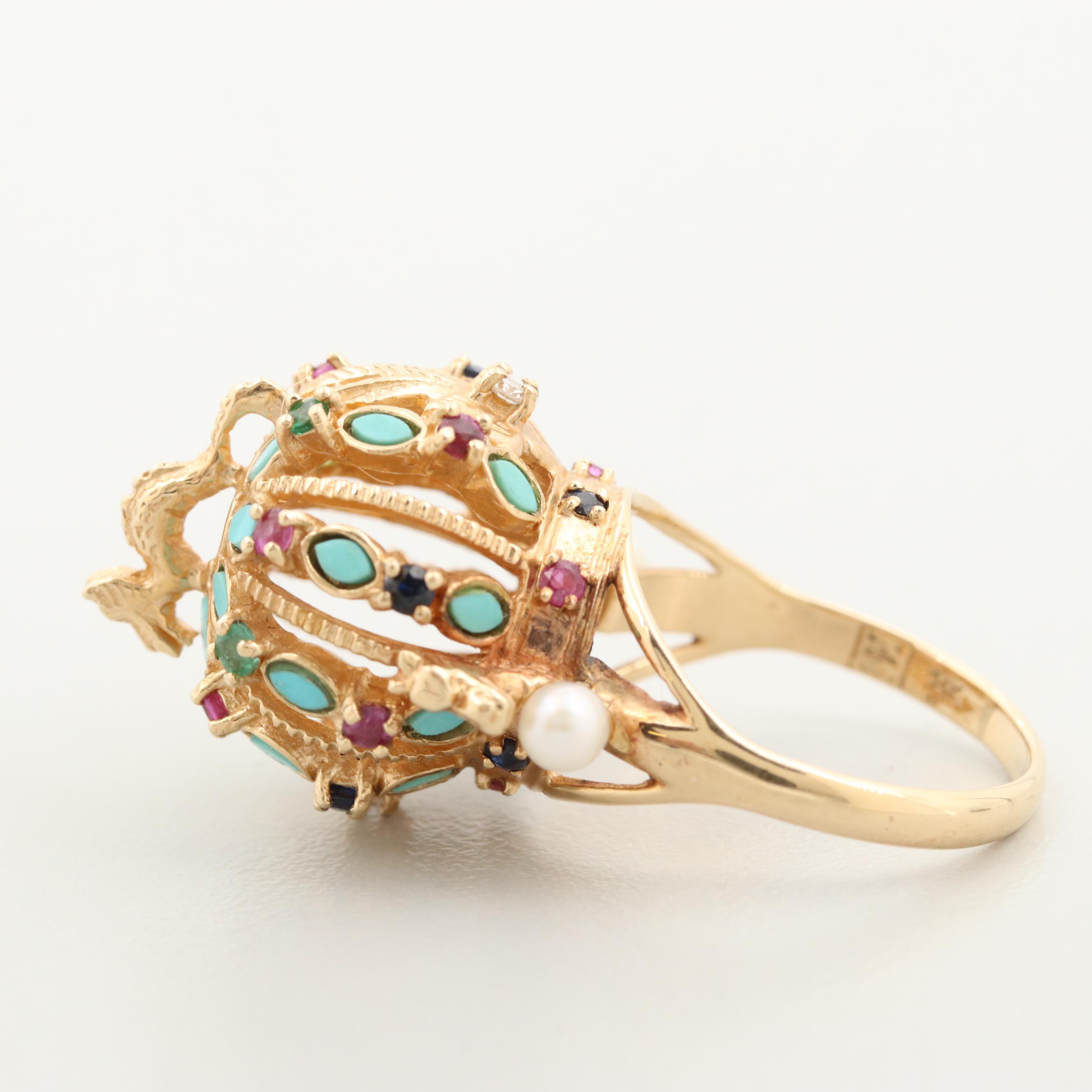 Vintage Franklin Mint 14K Gold Diamond and Gemstone Ming Dynasty Crown Ring
