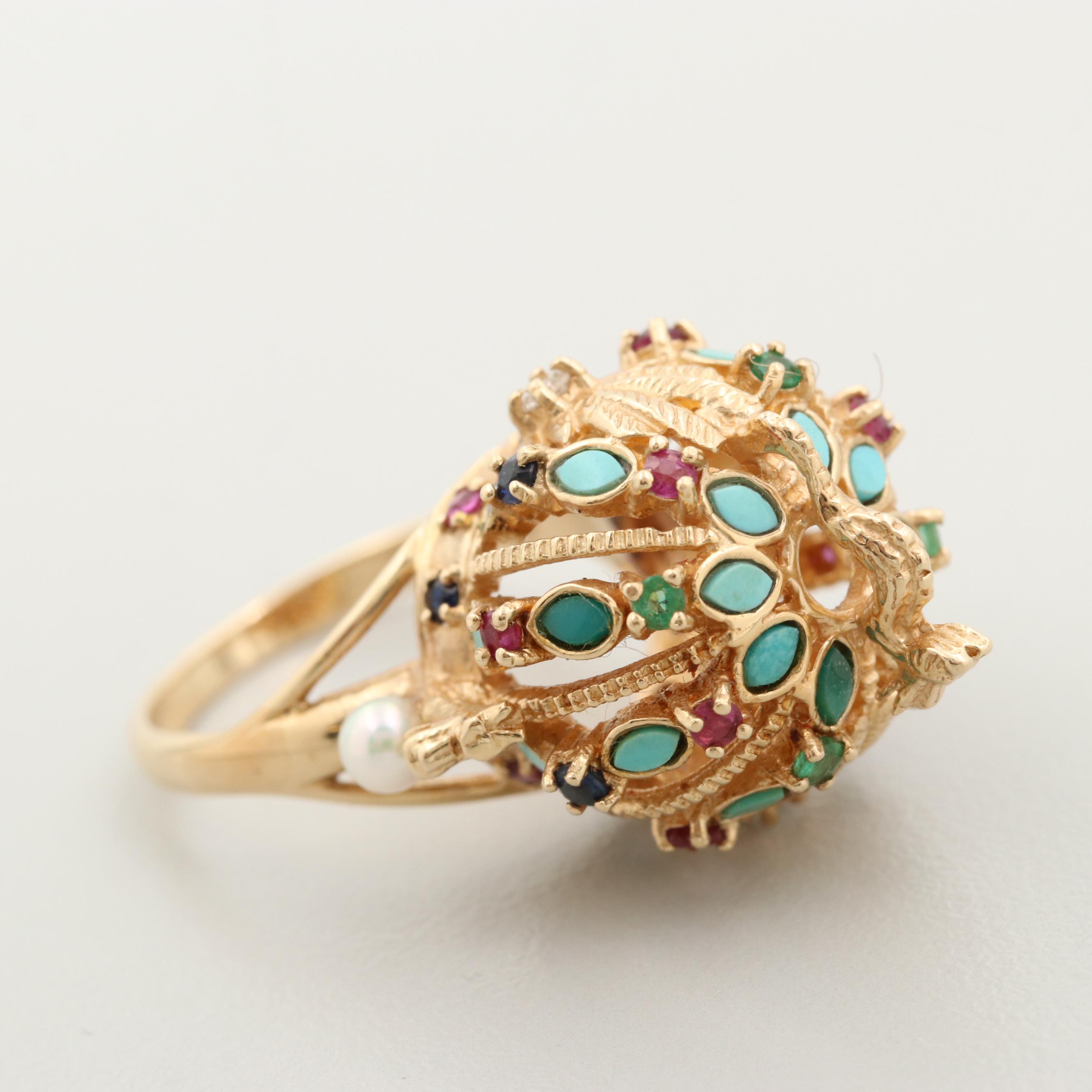 Vintage Franklin Mint 14K Gold Diamond and Gemstone Ming Dynasty Crown Ring