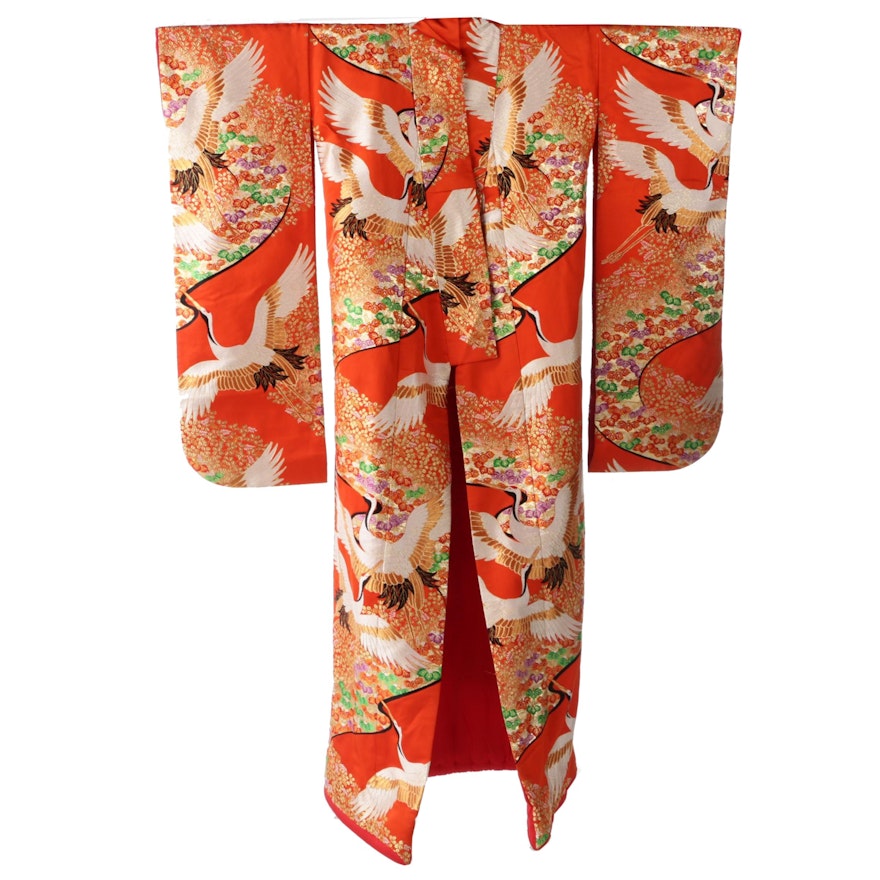 Red Crane and Foliate Uchikake with Metallic Embroidery