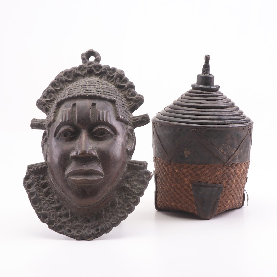 Benin Style Brass Mask and West African Nesting Baskets