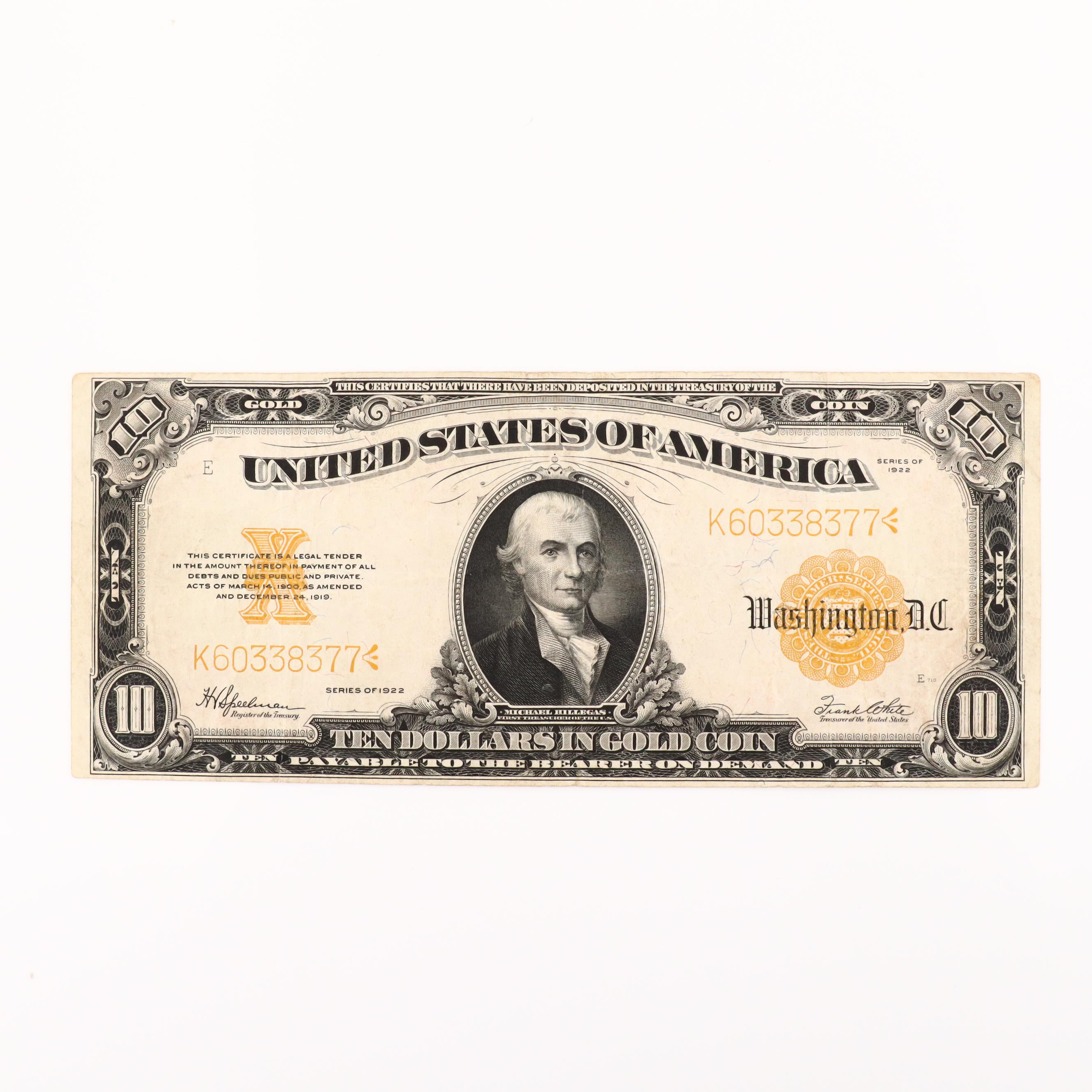 1922 $10 United States Gold Certificate