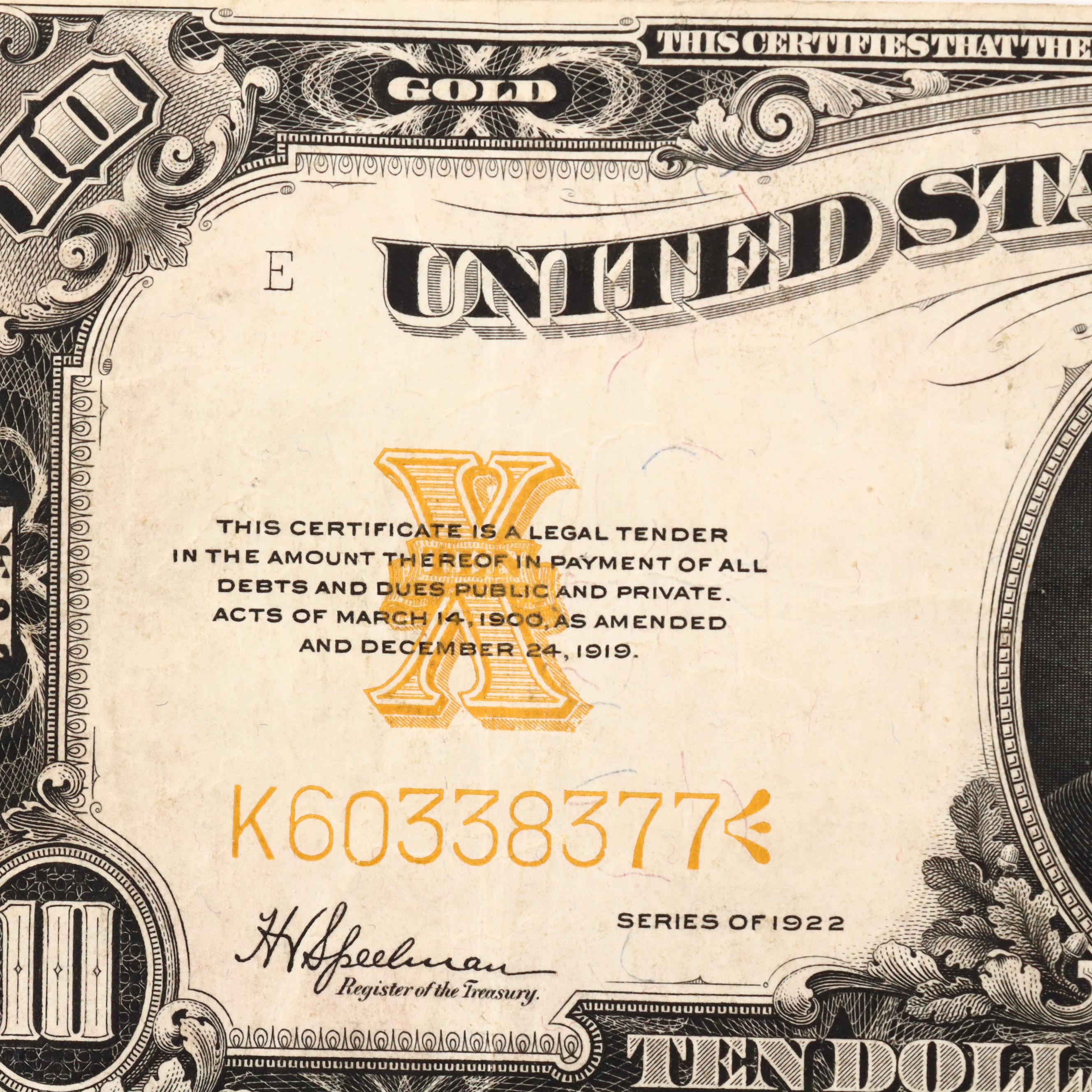 1922 $10 United States Gold Certificate