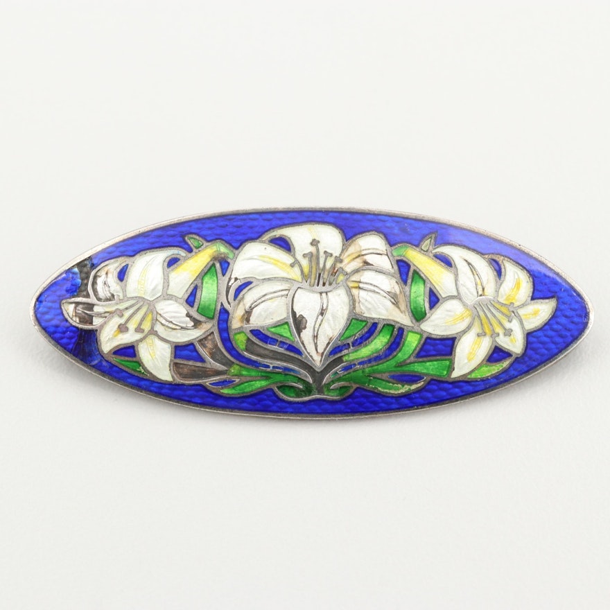 Sterling Silver Enamel Lily Motif Brooch