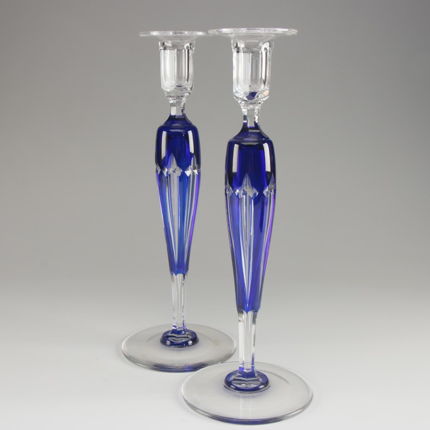 Cobalt Cut to Clear Crystal Candlesticks, Early 20th Century