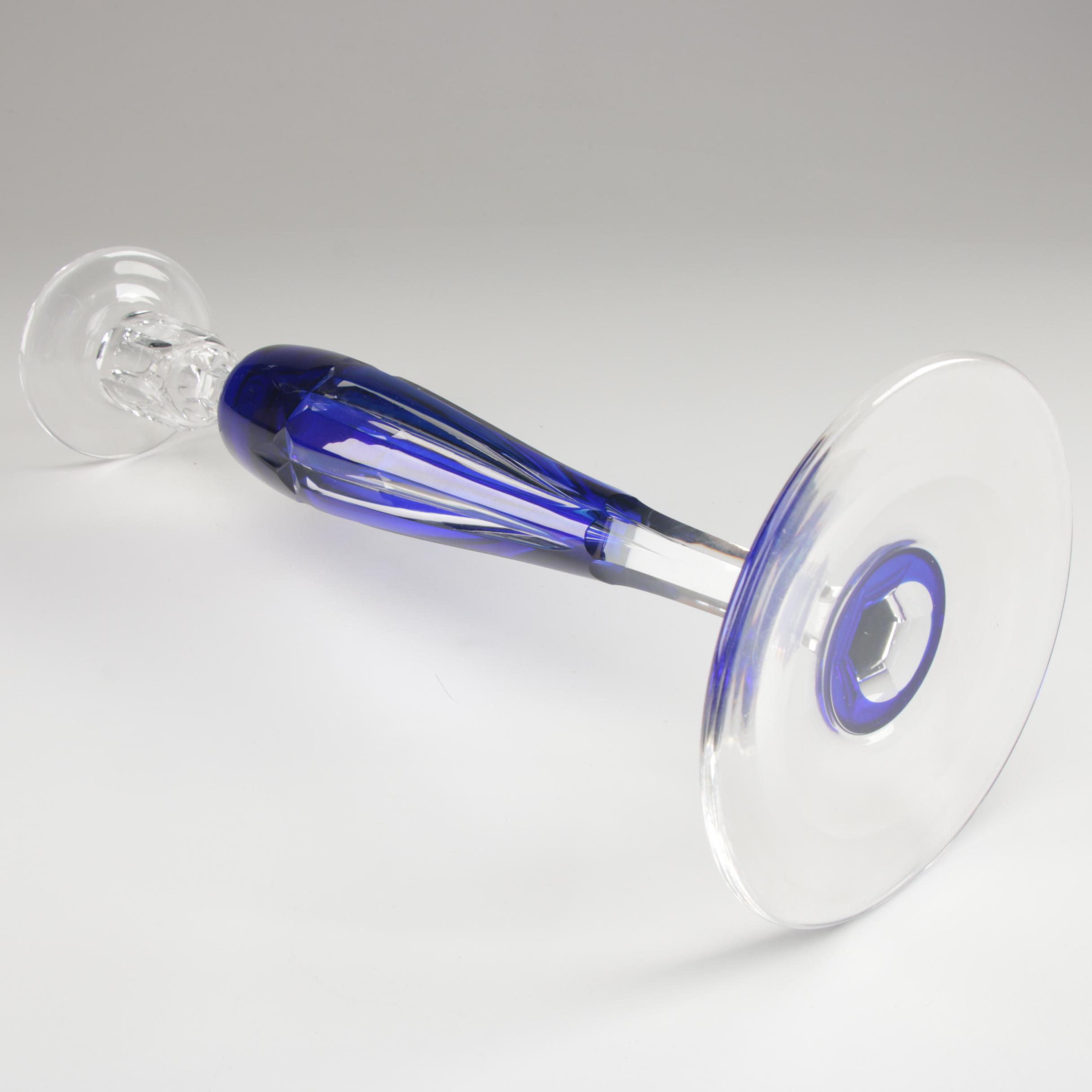 Cobalt Cut to Clear Crystal Candlesticks, Early 20th Century