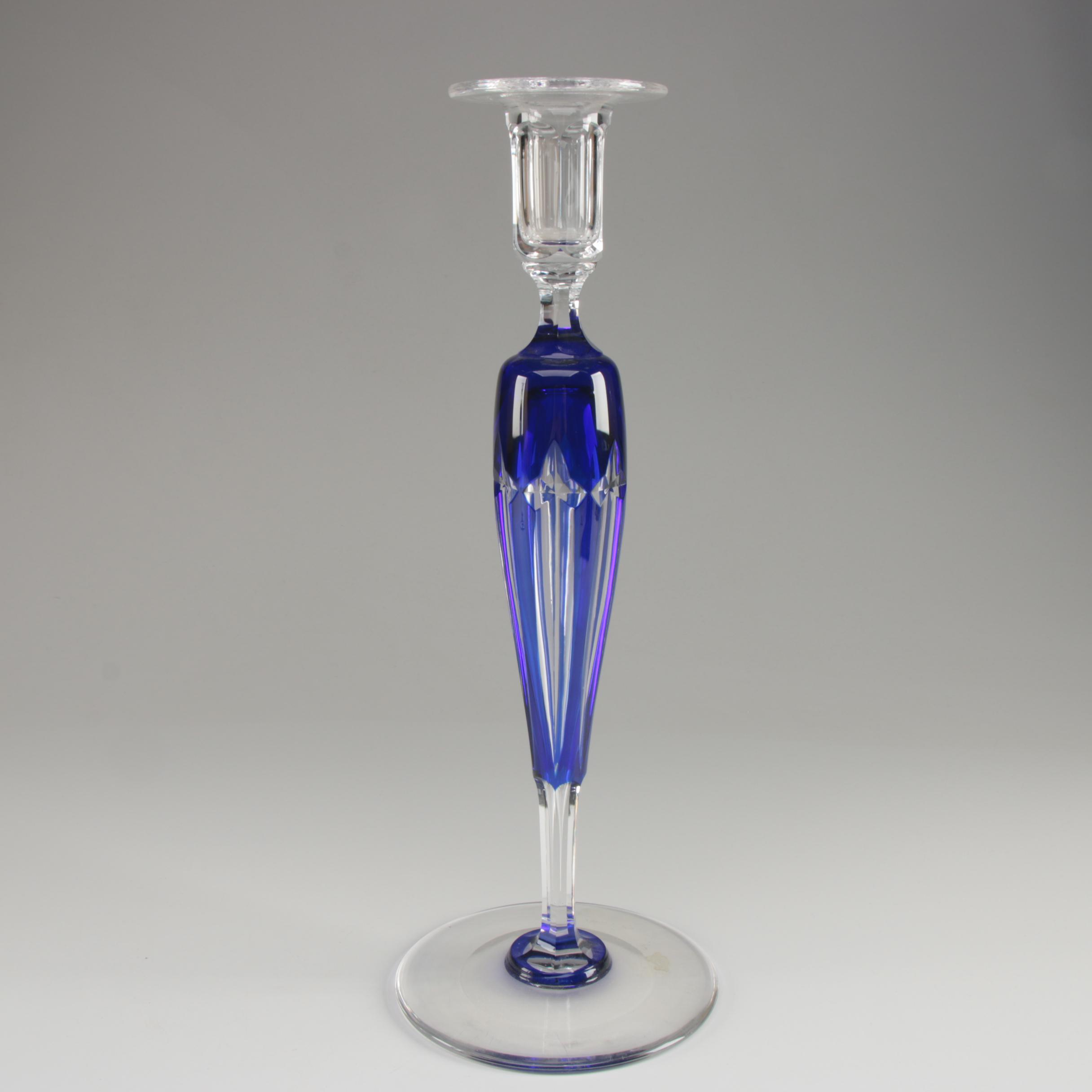 Cobalt Cut to Clear Crystal Candlesticks, Early 20th Century