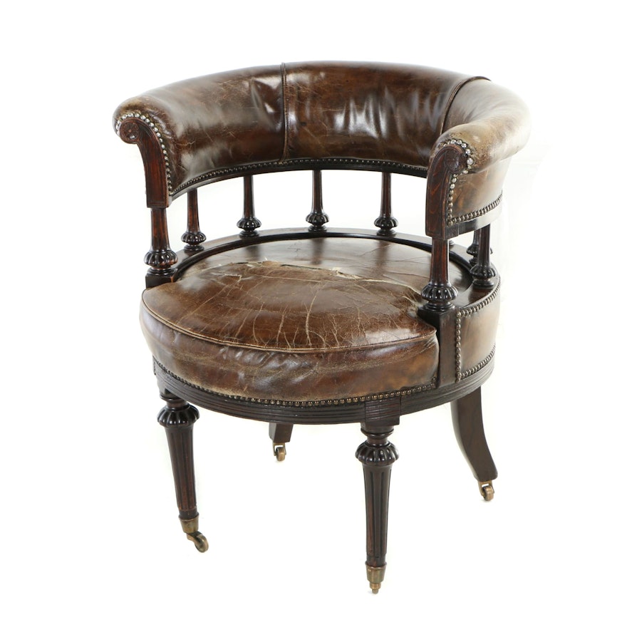 Victorian Leather-Upholstered Beech Library Tub Chair, Second Half 19th Century