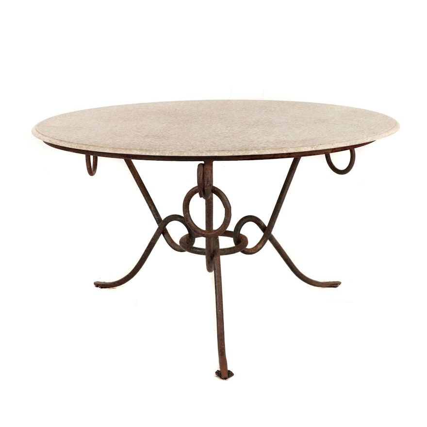 Contemporary Wrought Iron and Round Stone Top Dining Table