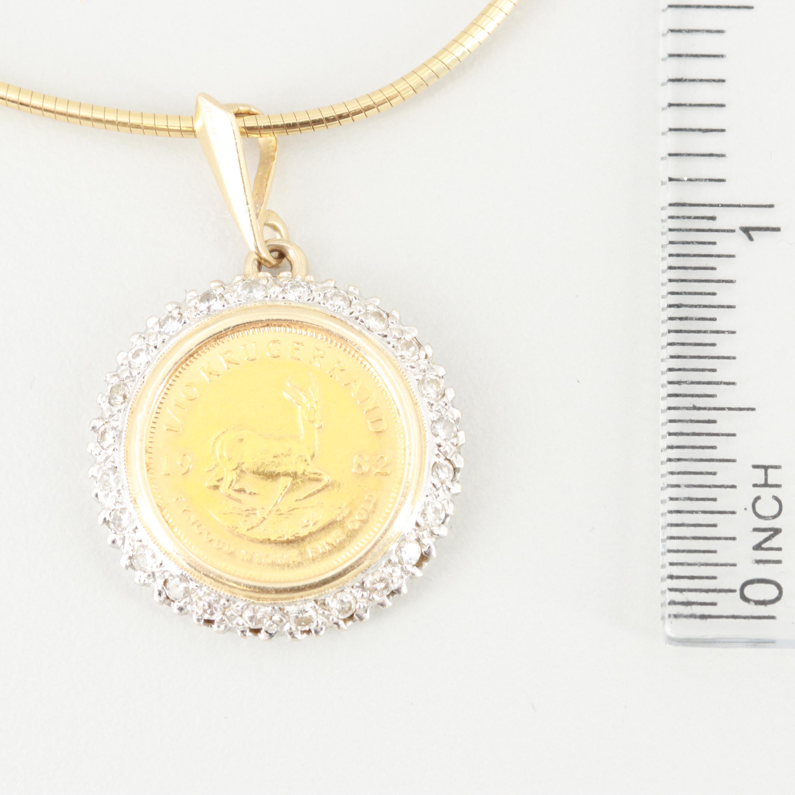 1982 S. African Krugerrand Gold Bullion Coin 14K Gold Diamond Pendant Necklace
