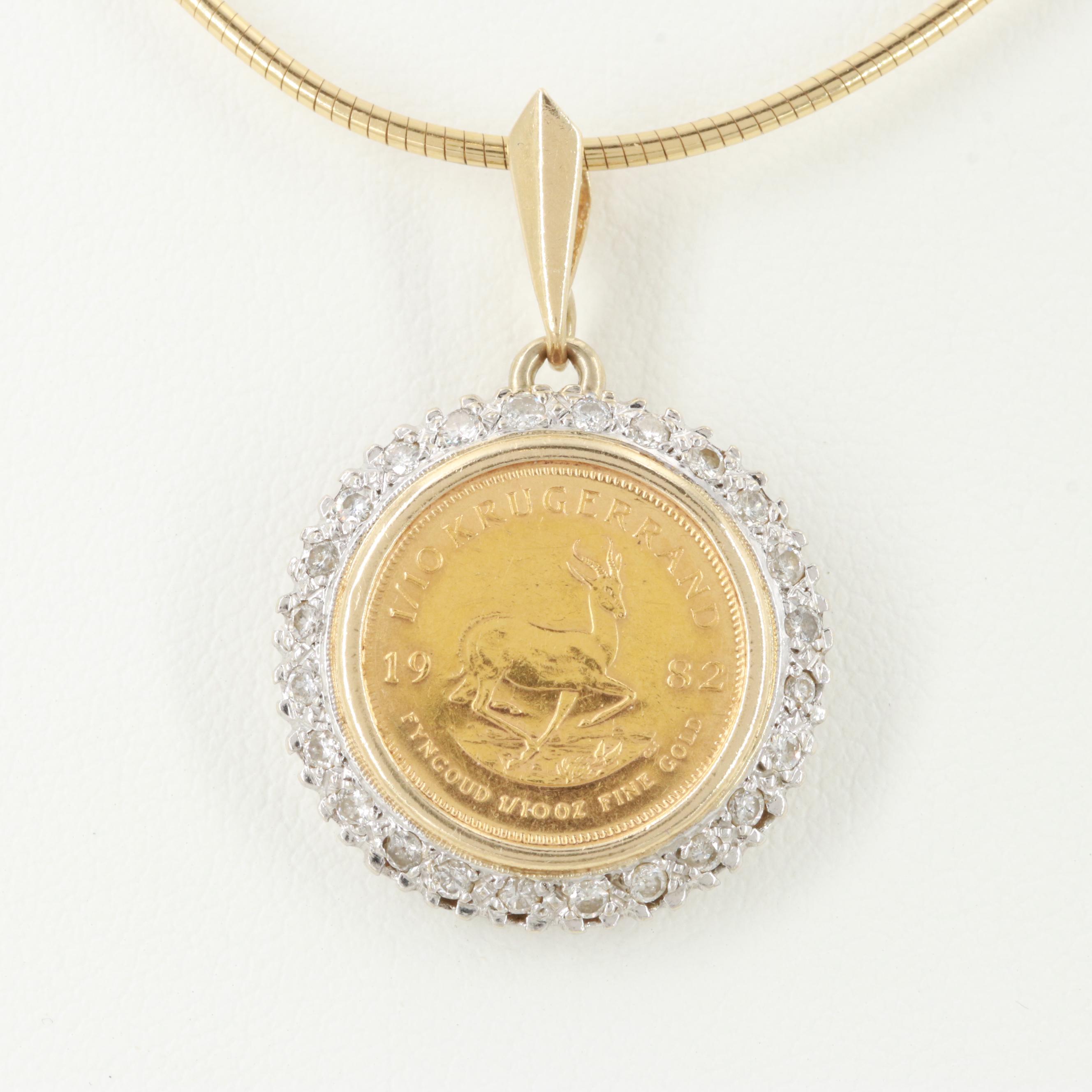 1982 S. African Krugerrand Gold Bullion Coin 14K Gold Diamond Pendant Necklace
