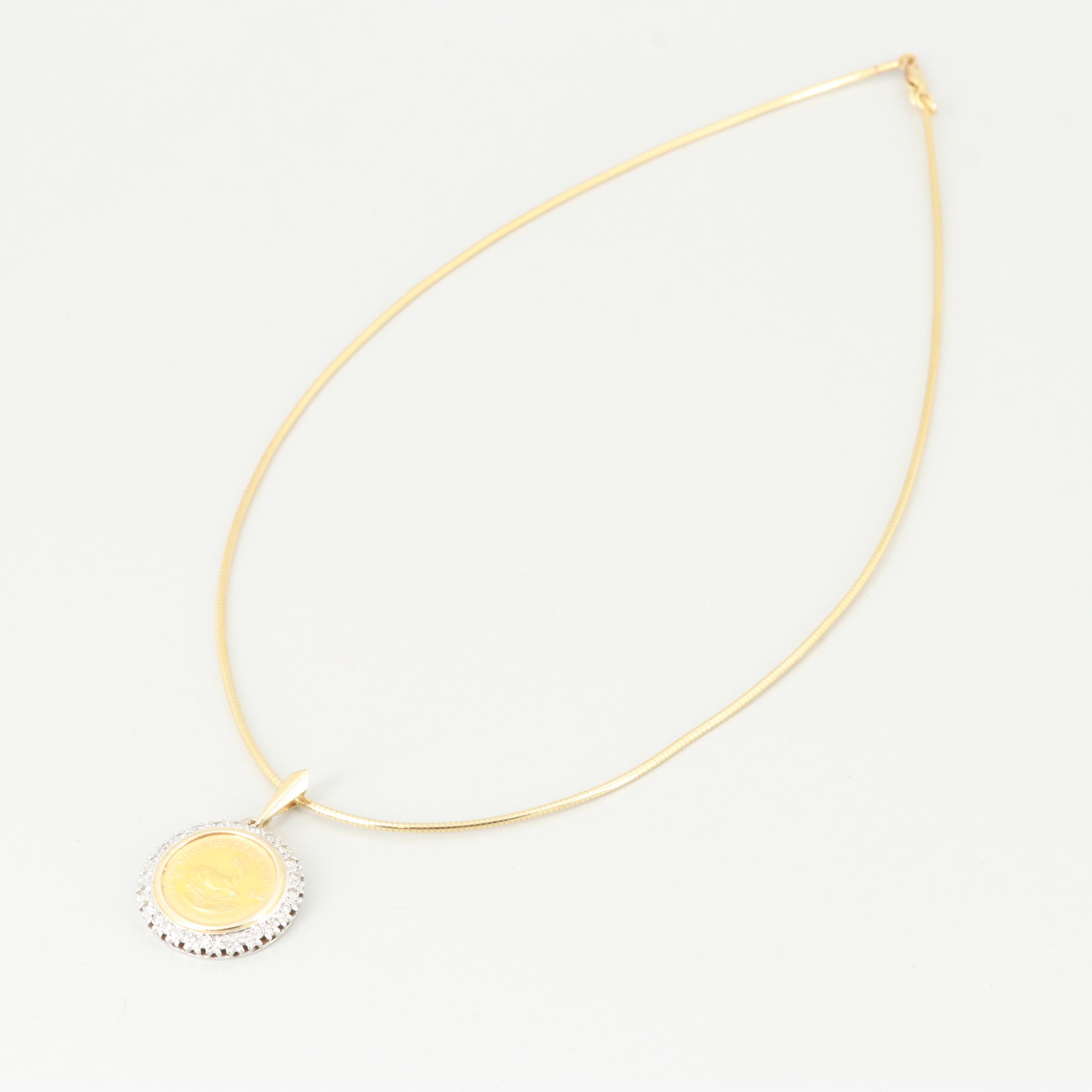 1982 S. African Krugerrand Gold Bullion Coin 14K Gold Diamond Pendant Necklace