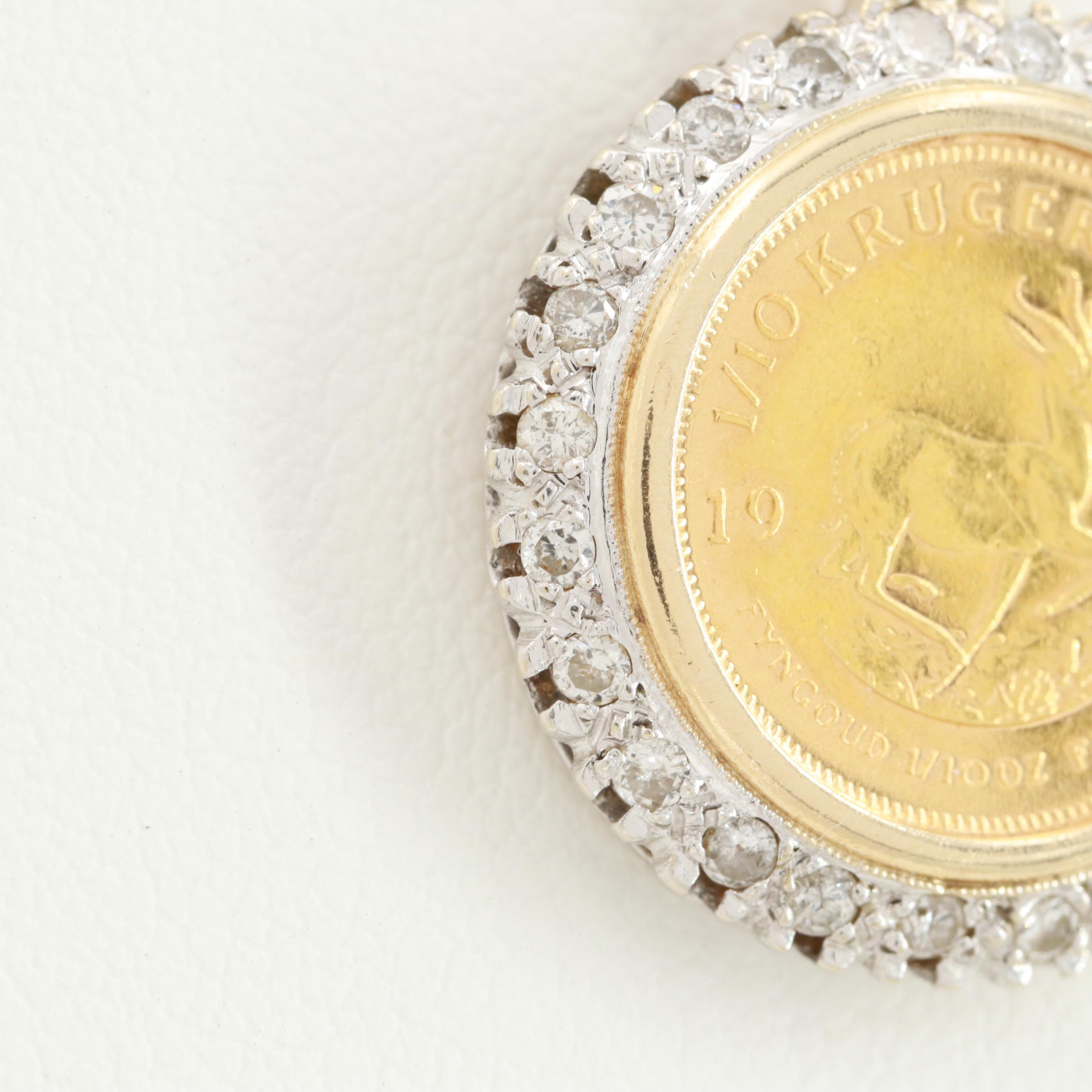 1982 S. African Krugerrand Gold Bullion Coin 14K Gold Diamond Pendant Necklace