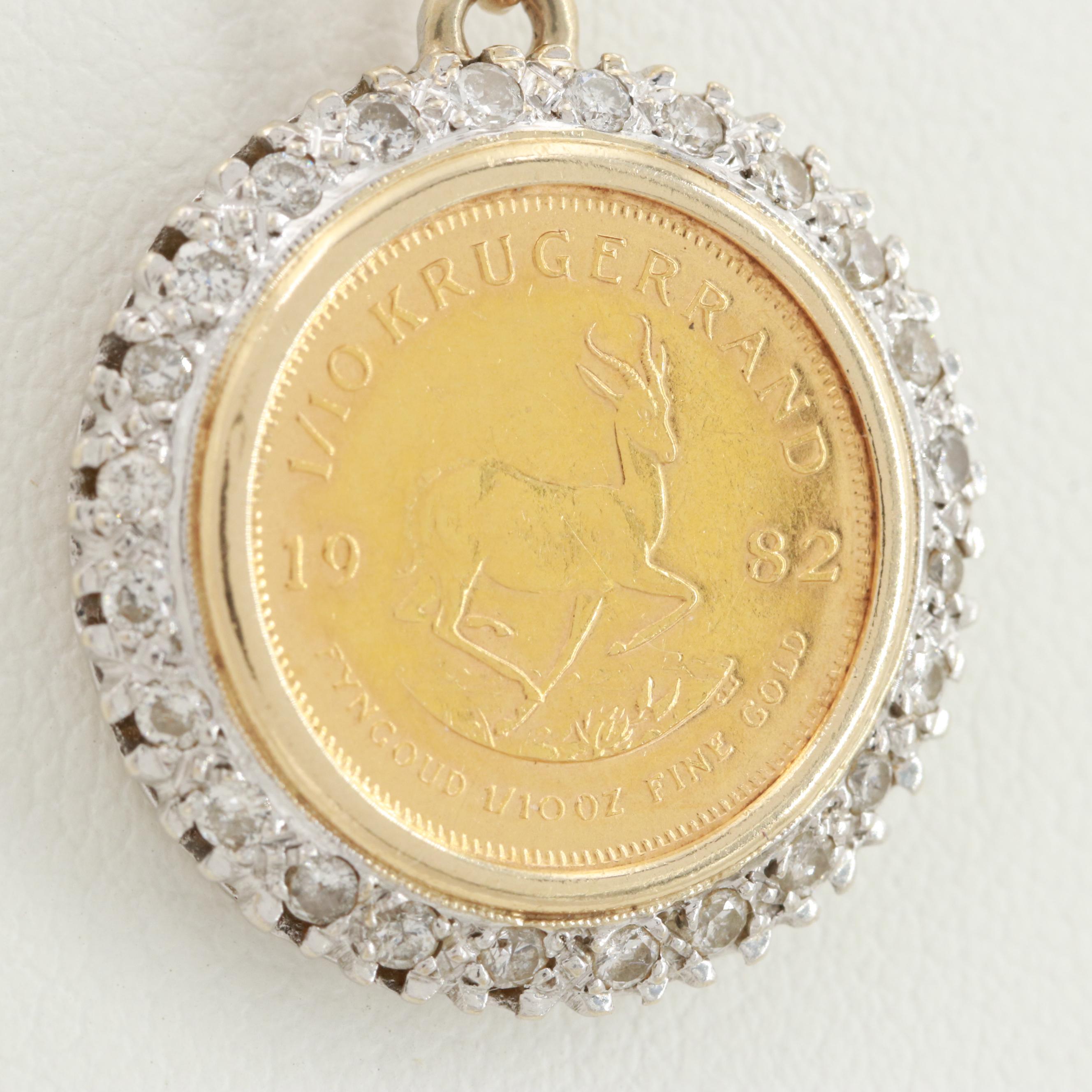 1982 S. African Krugerrand Gold Bullion Coin 14K Gold Diamond Pendant Necklace