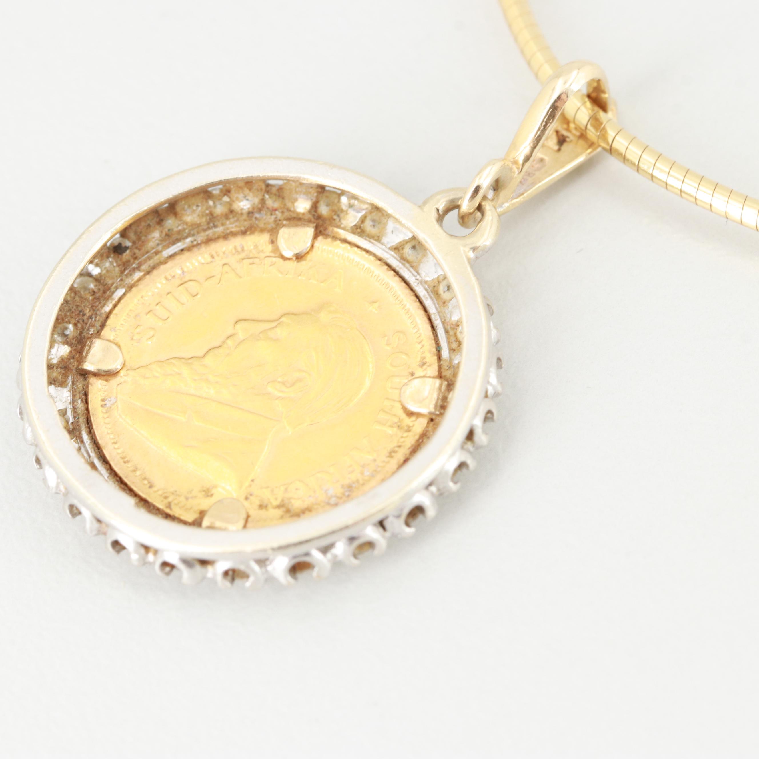 1982 S. African Krugerrand Gold Bullion Coin 14K Gold Diamond Pendant Necklace