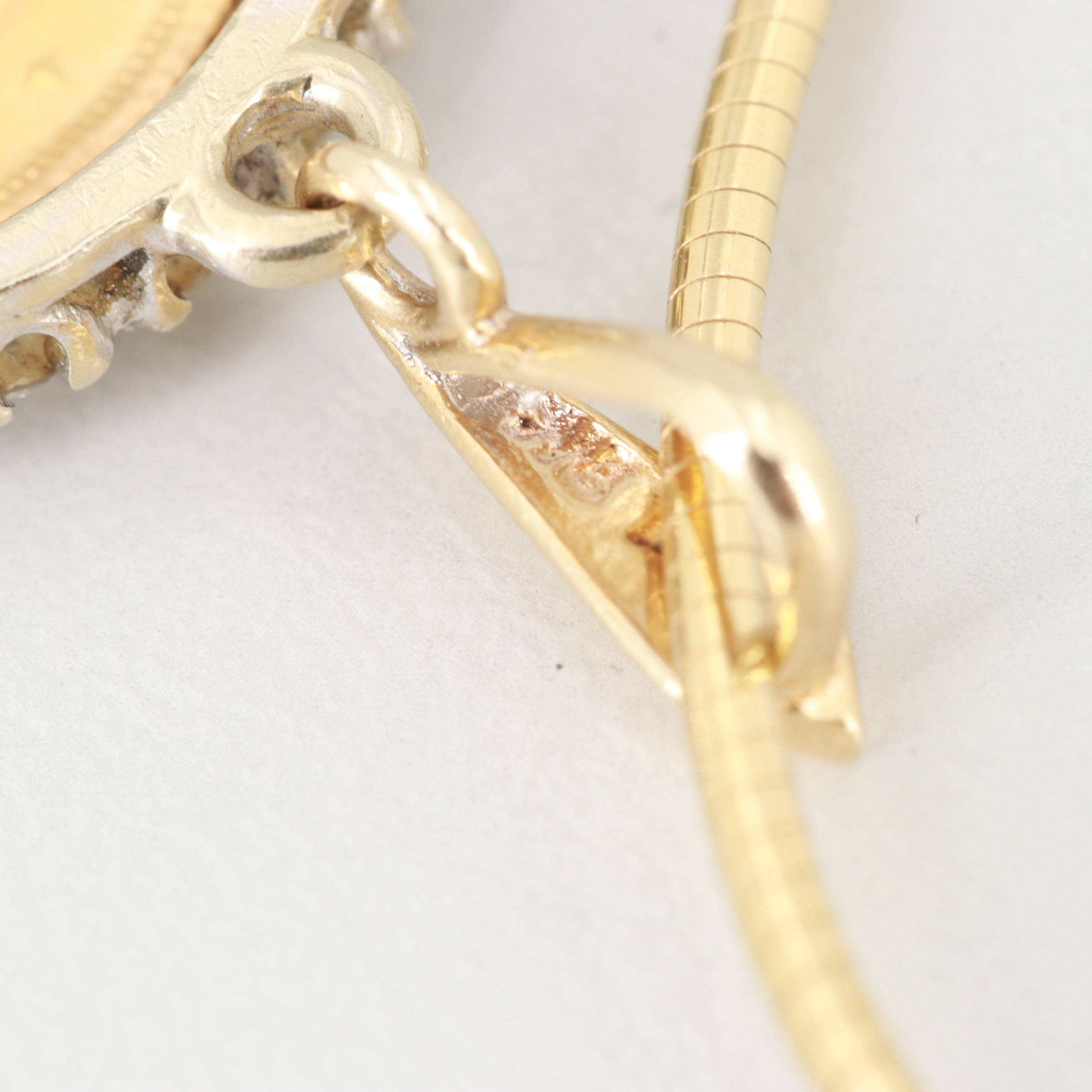 1982 S. African Krugerrand Gold Bullion Coin 14K Gold Diamond Pendant Necklace