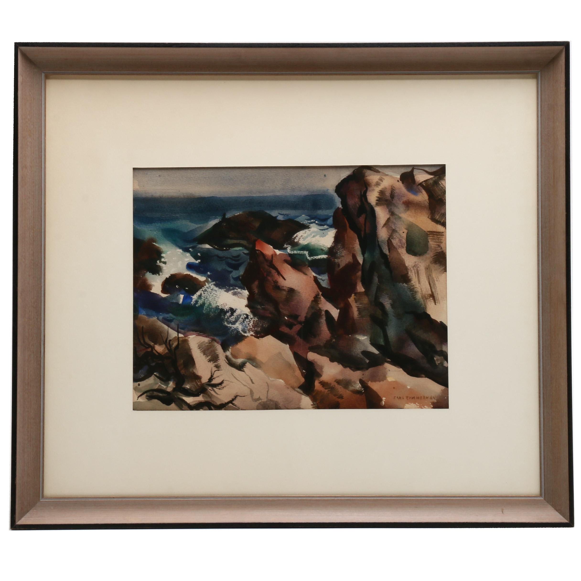 Carl Zimmerman Watercolor Painting of Coastal Landscape "Heavy Sea"