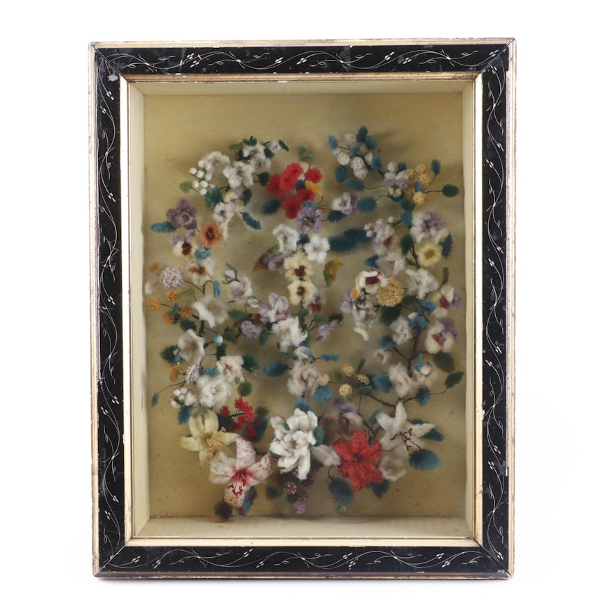 Felted Wool Floral Shadow Box, Early to Mid 20th Century