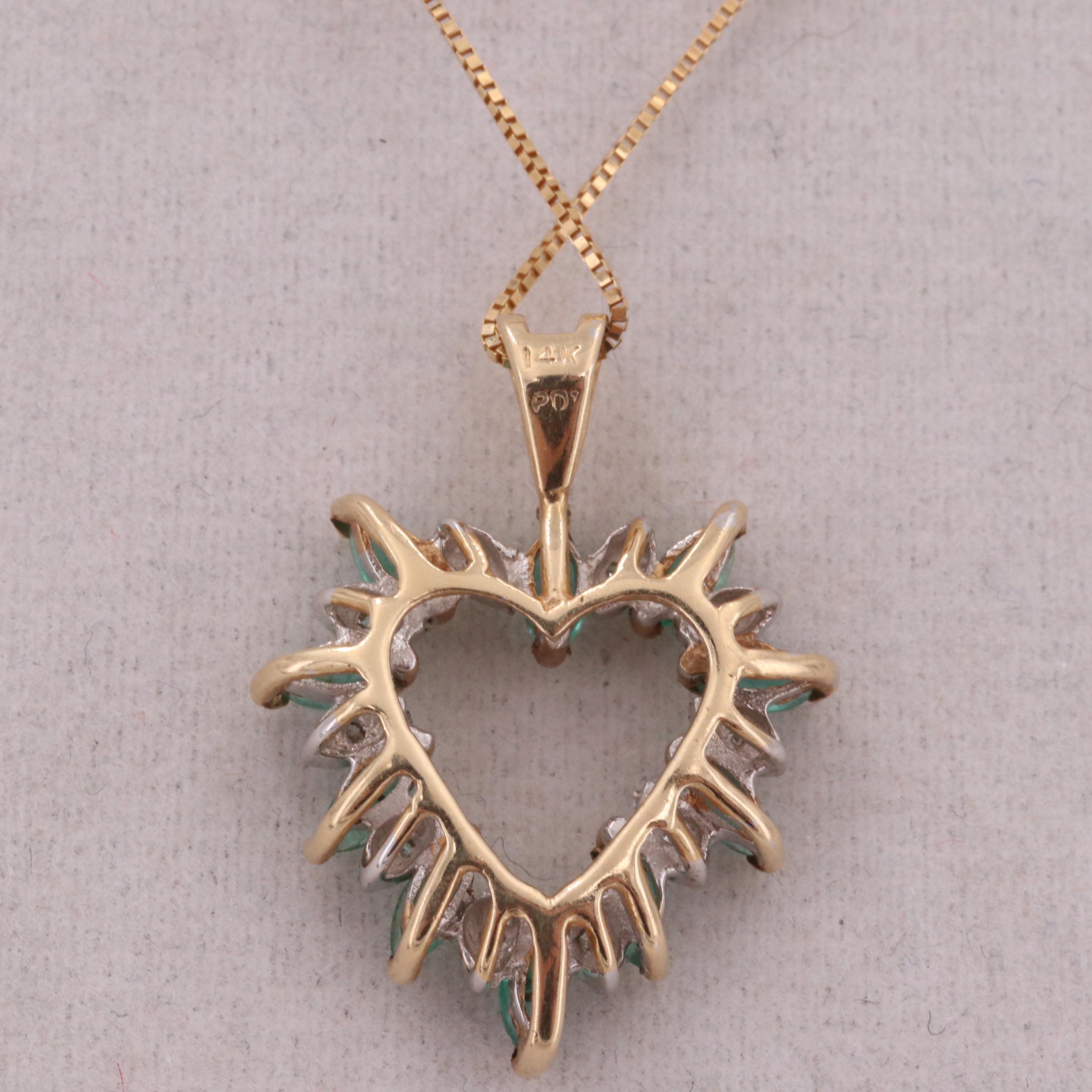 14K Yellow Gold Necklace Heart Pendant with Emeralds and Diamonds