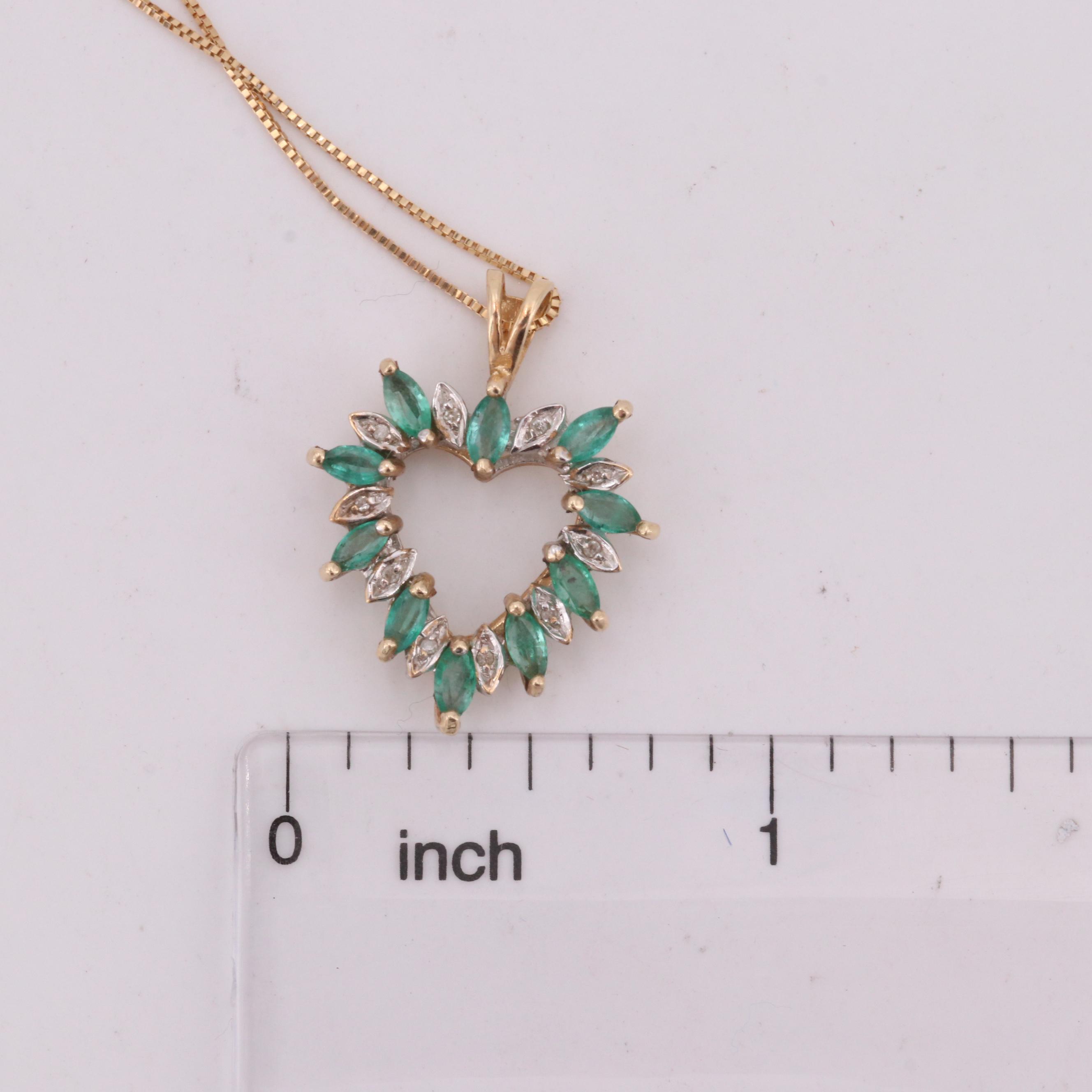 14K Yellow Gold Necklace Heart Pendant with Emeralds and Diamonds