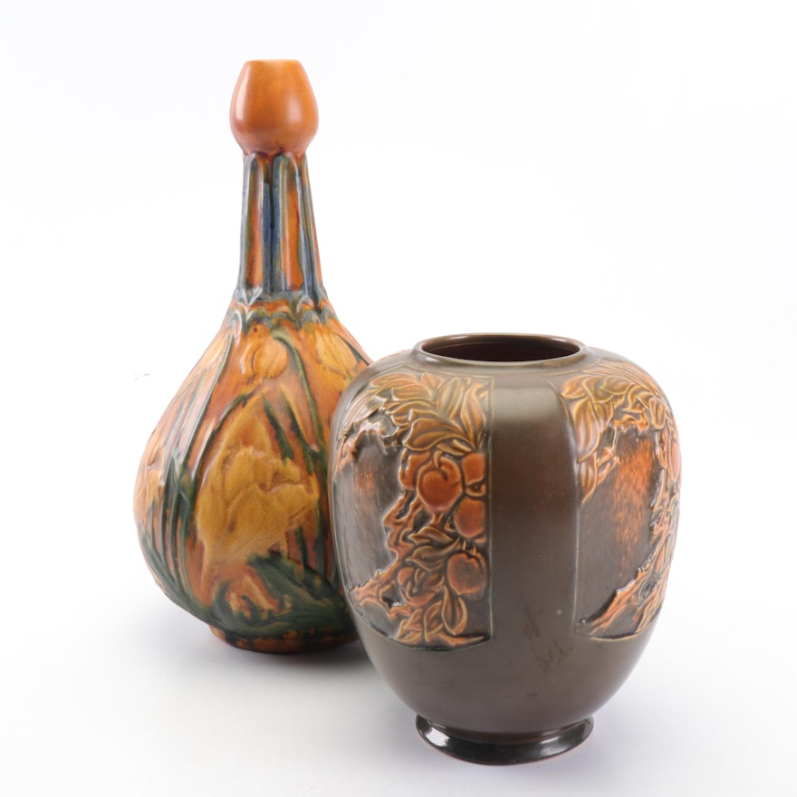 Roseville Pottery "Rosecraft Panel" Vase with Bottle Vase, 1920s