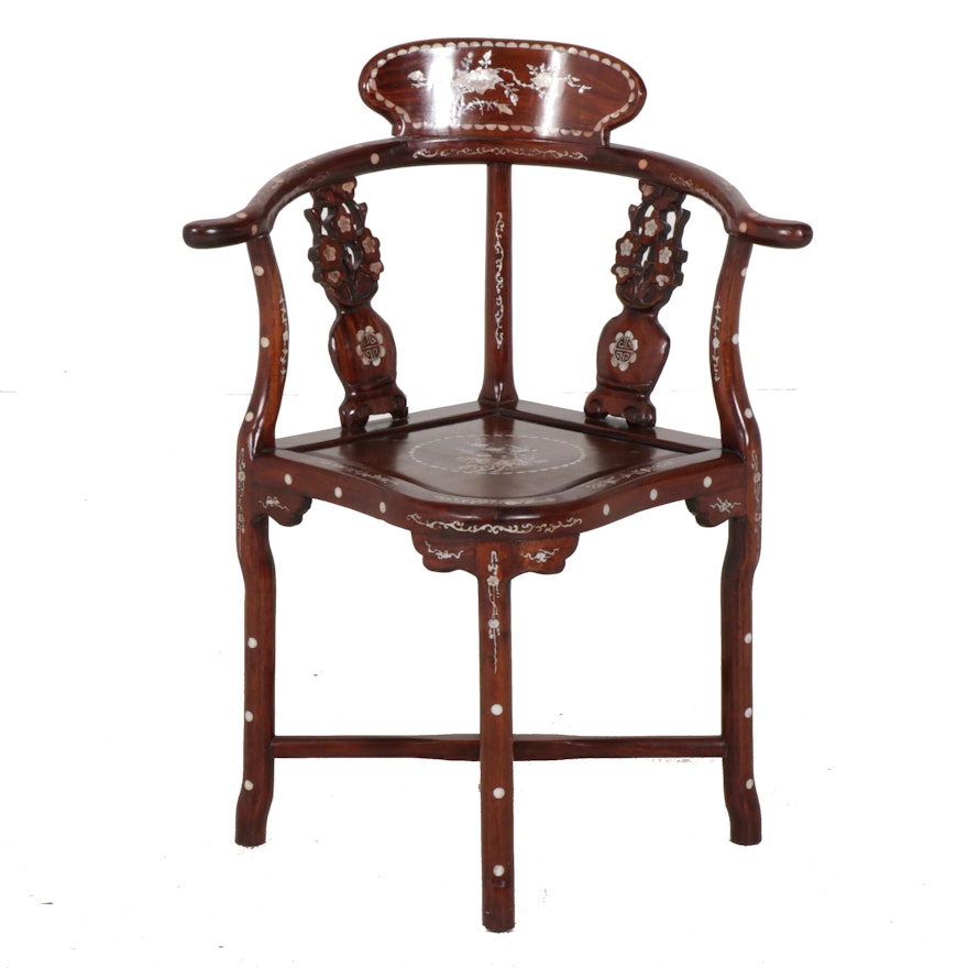 Mother of Pearl Inlay Chinese Corner Chair, Circa 1920's-1930's