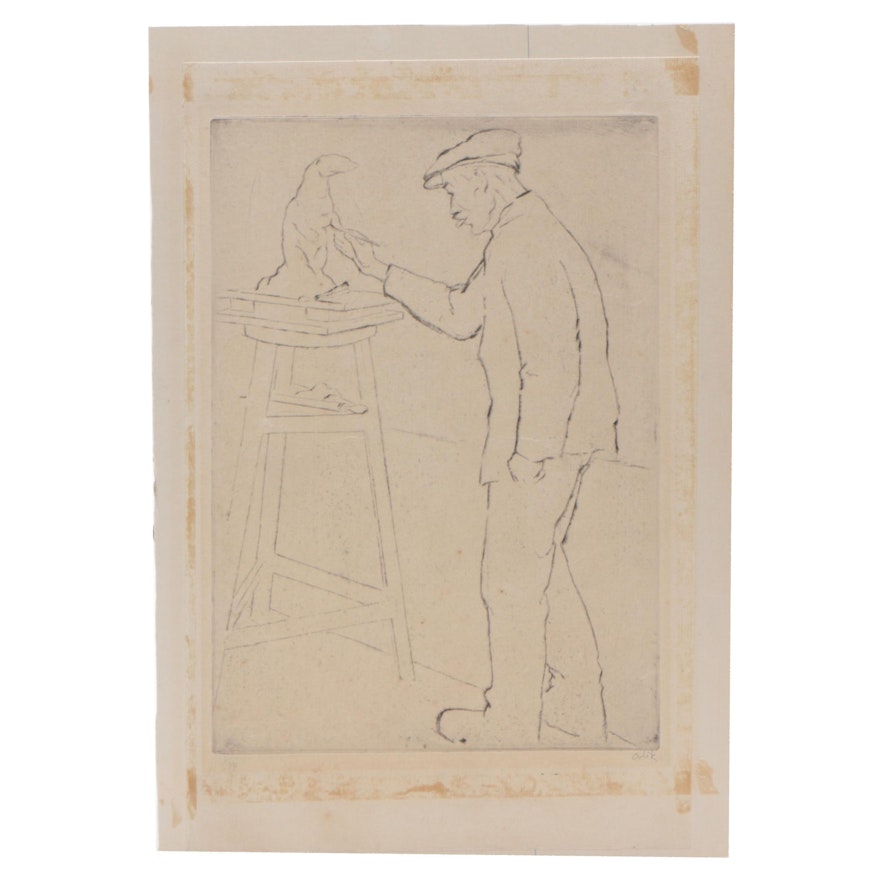 Emil Orlik Etching of Artist with Sculpture
