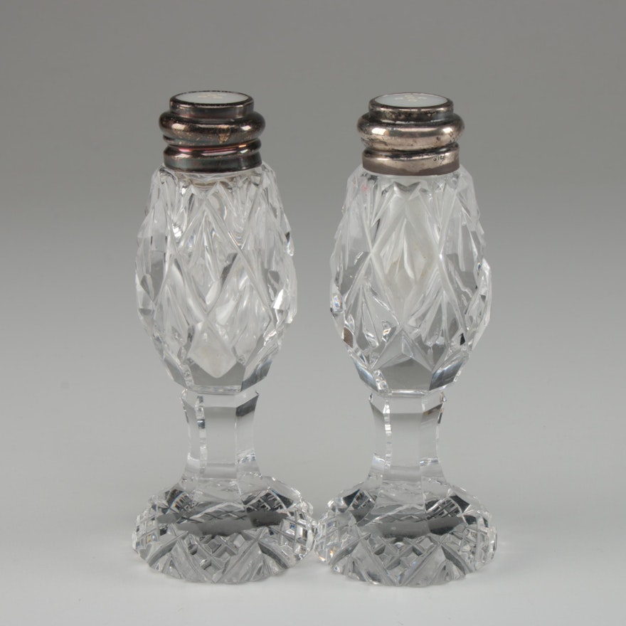 Cut Crystal Salt and Pepper Shakers with Sterling Silver Collars