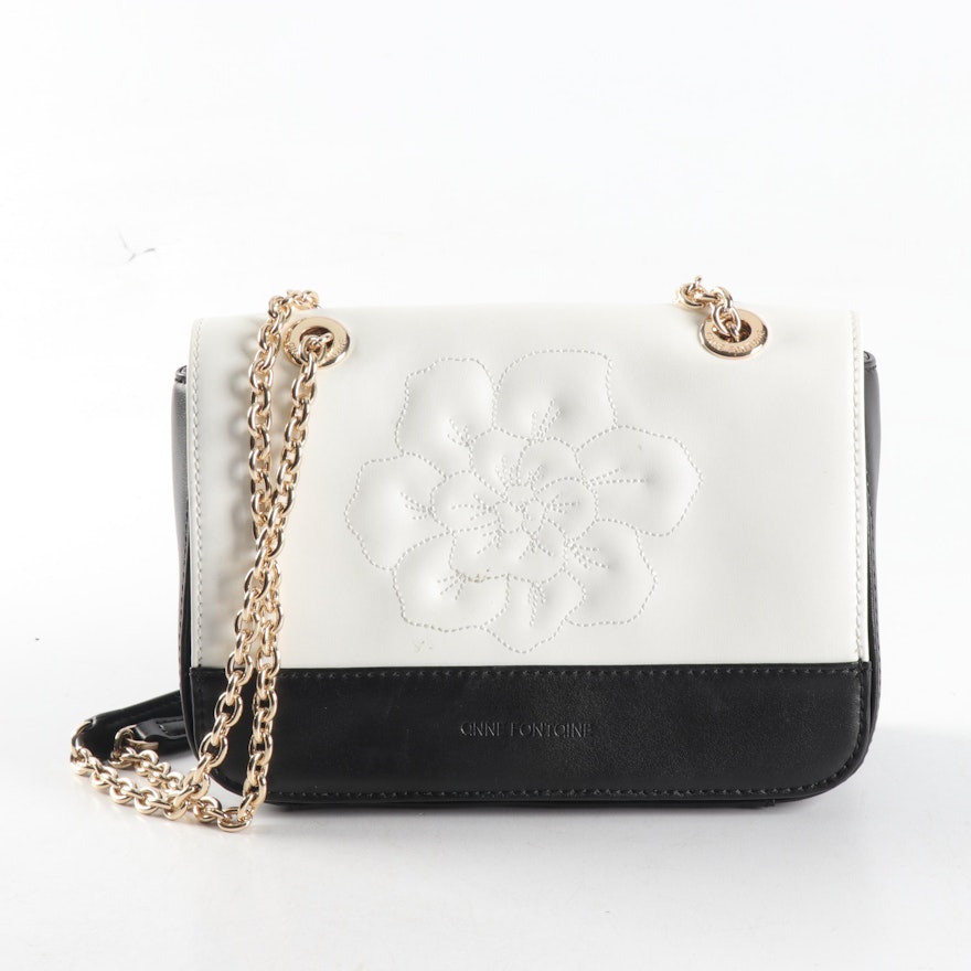 Anne Fontaine Black and White Leather Shoulder Bag with Florals