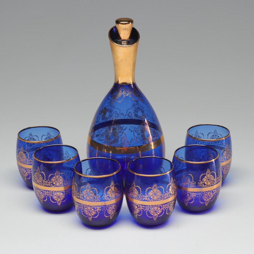 Muscarello Venezia Gold Rimmed Blue Glass Decanter and Glasses