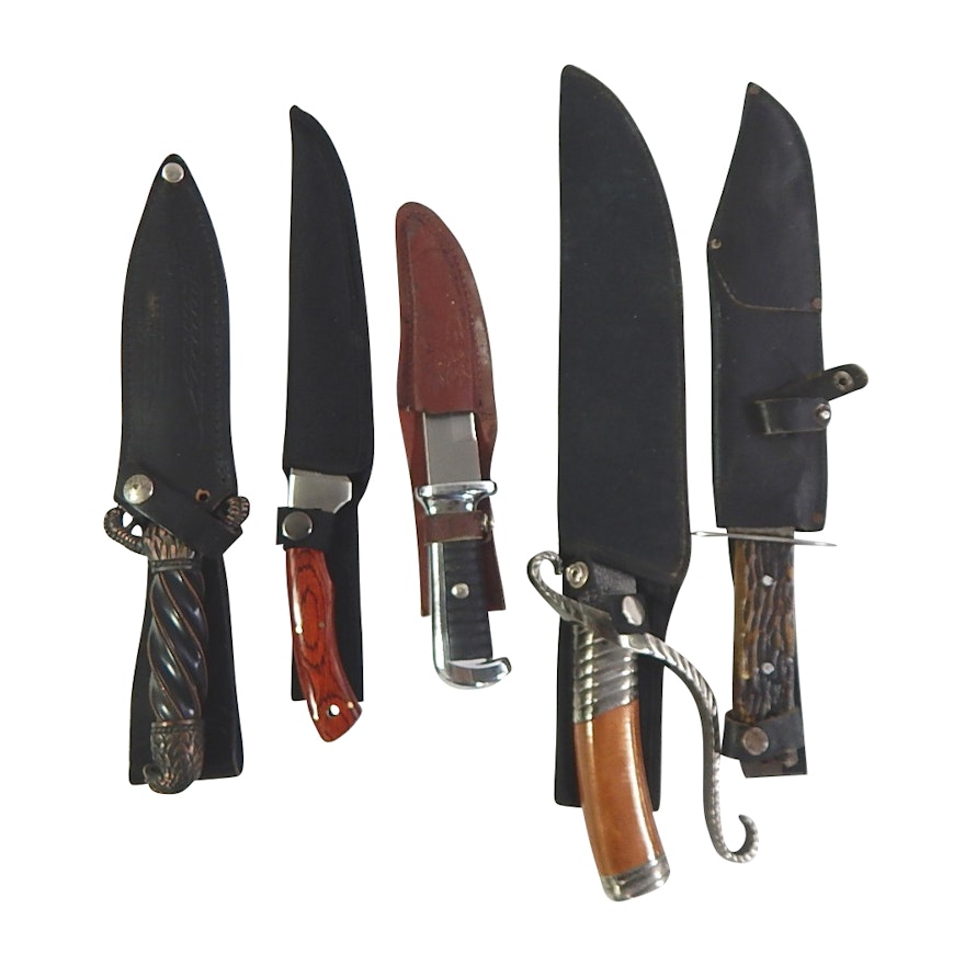 Five Large Fixed Blade Knives with an Original Bowie, United Cutlery Eagle Talon