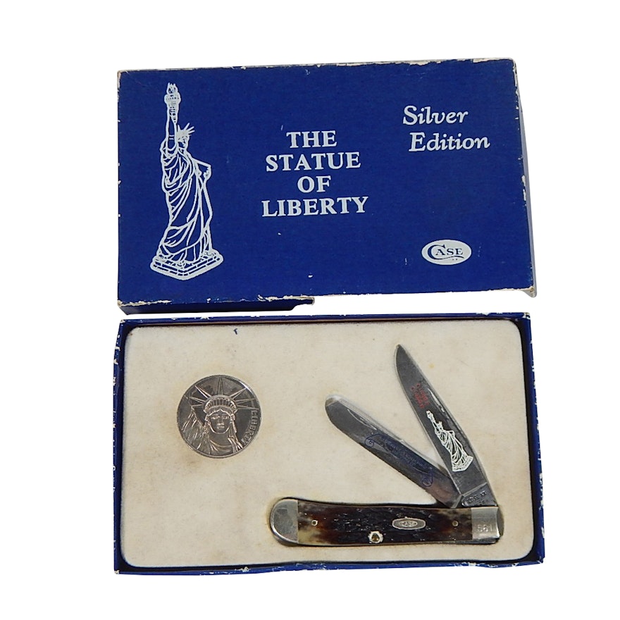 Statue of Liberty Commemorative Case XX 5-Dot Knife and .999 Fine Silver Medal