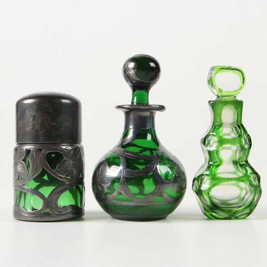 Green Cut to Clear Perfume with Sterling Overlay Scent Bottles and Dresser Jar