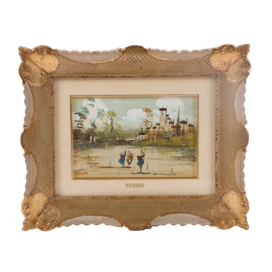 Oil Painting of Middle Eastern Scene with Figures