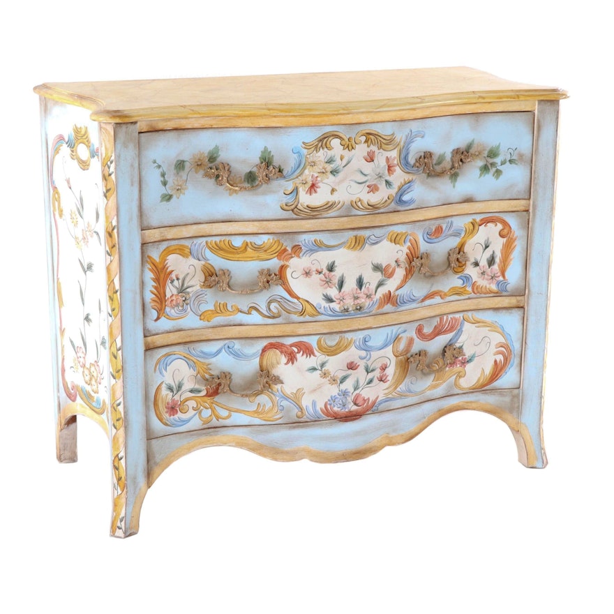 Contemporary Venetian Style Paint Decorated Serpentine Chest of Drawers
